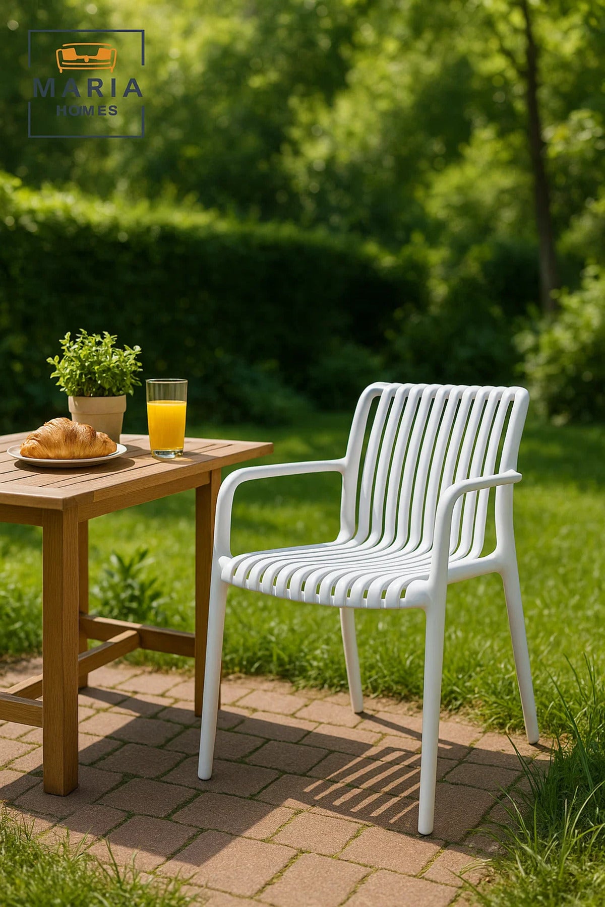 White Slatted Plastic Armchair Ð Modern Outdoor Stackable Chair with Curved Back and Armrests