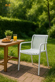 White Slatted Plastic Armchair Ð Modern Outdoor Stackable Chair with Curved Back and Armrests