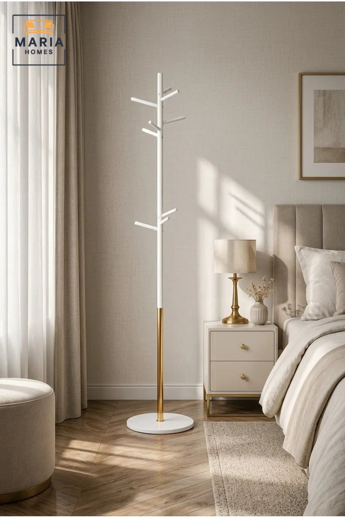 Modern Freestanding Coat Rack with White and Gold Finish √ê Contemporary Clothes Stand, Jacket Hanger & Entryway Organizer