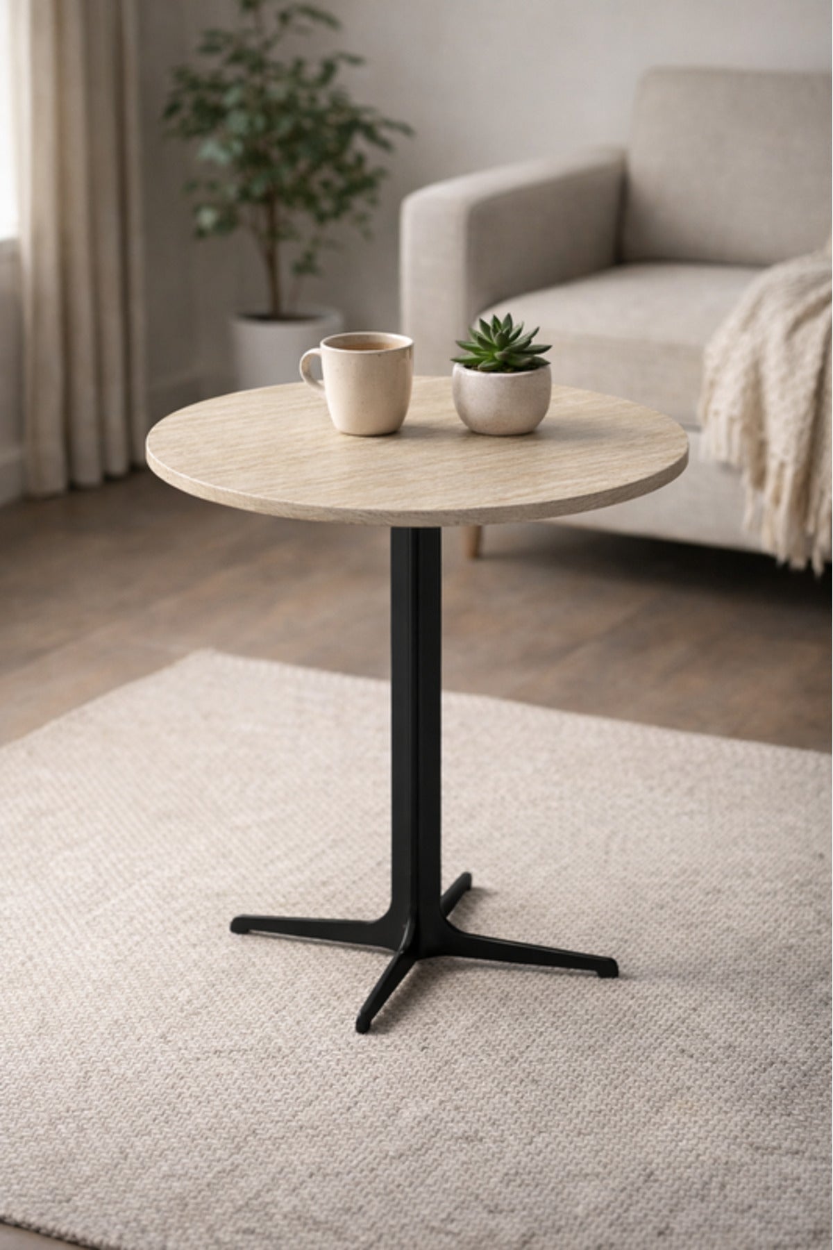 Beige Round Coffee Table with Black Base, 60x60x75 CM beige round coffee Dinner