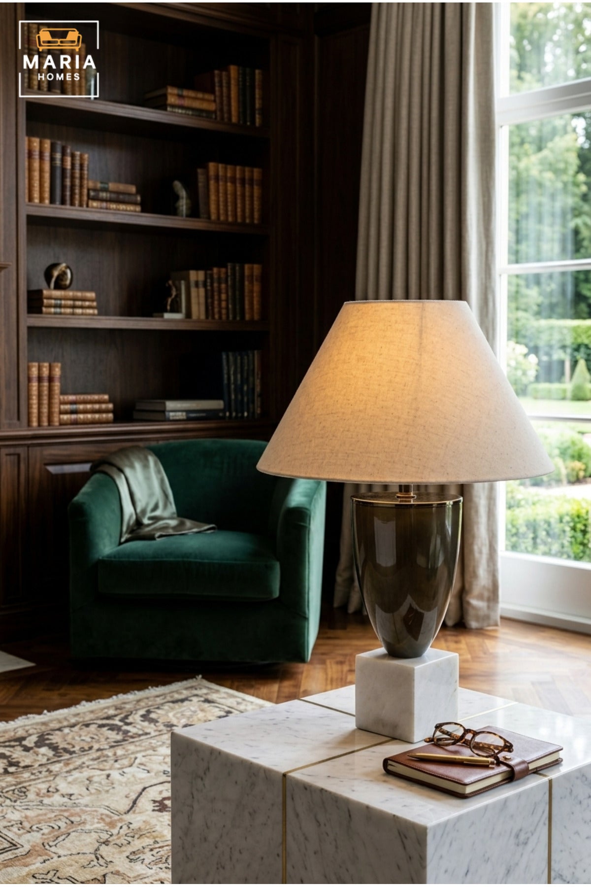 Luxury Dark Grey Table Lamp with Beige Fabric Shade, Sculptural Oval Body and White Marble Cube Base for Bedroom, Living Room, Office and Hotel Décor