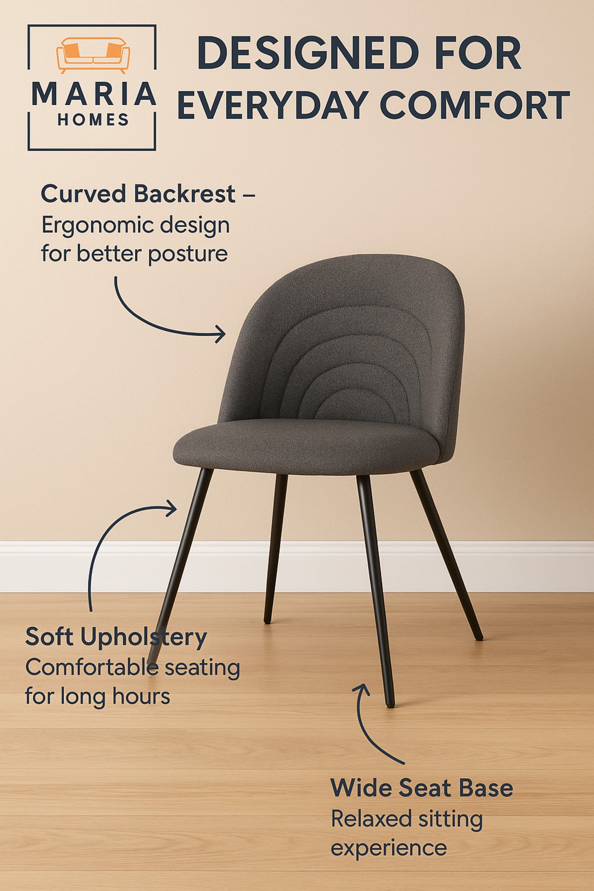 Grey Fabric Dining Chair with Black Metal Legs Ð Modern Upholstered Seating