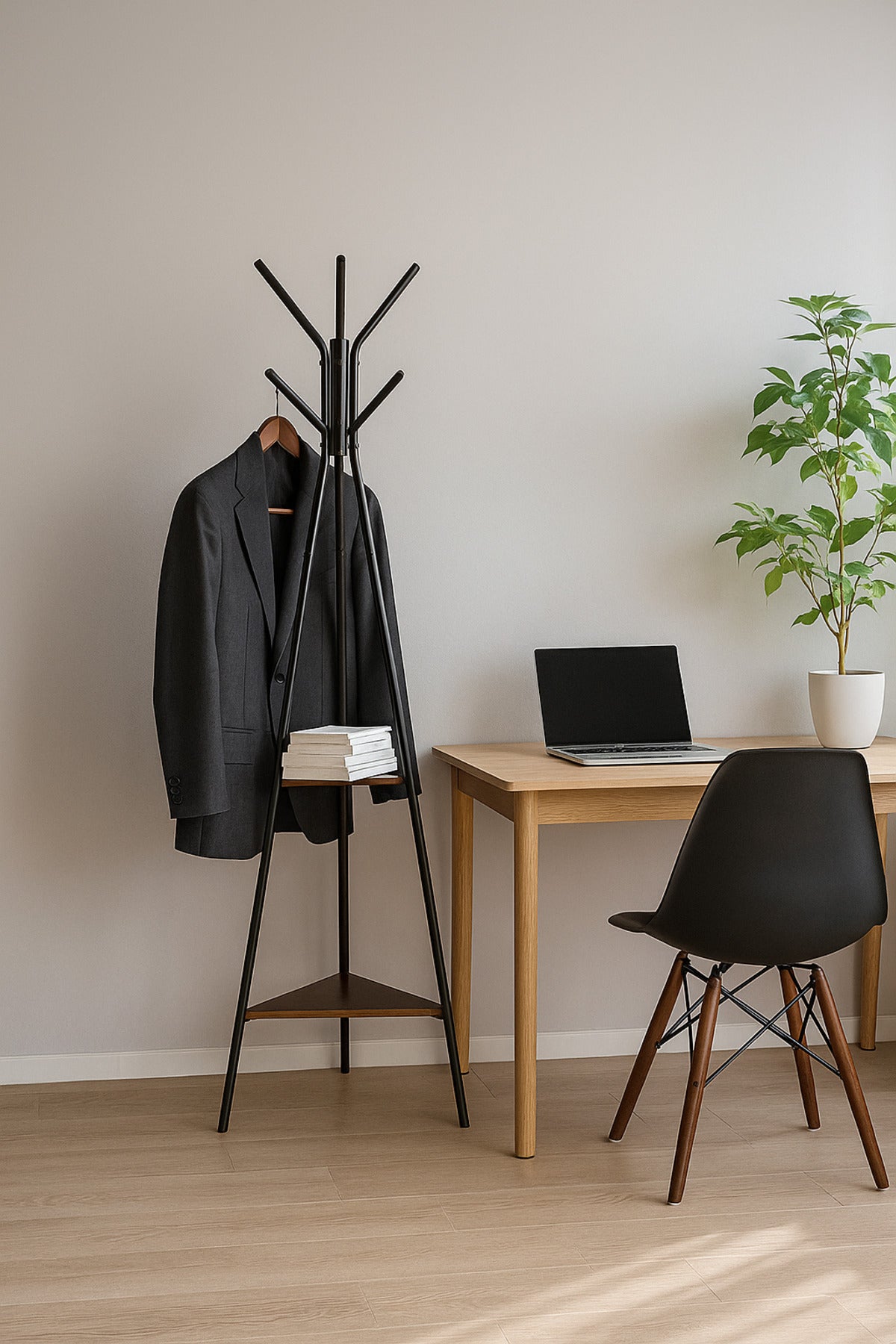 Modern Black Coat Rack Ð Metal Clothes Stand with Dual Wooden Shelves for Entryway & Bedroom