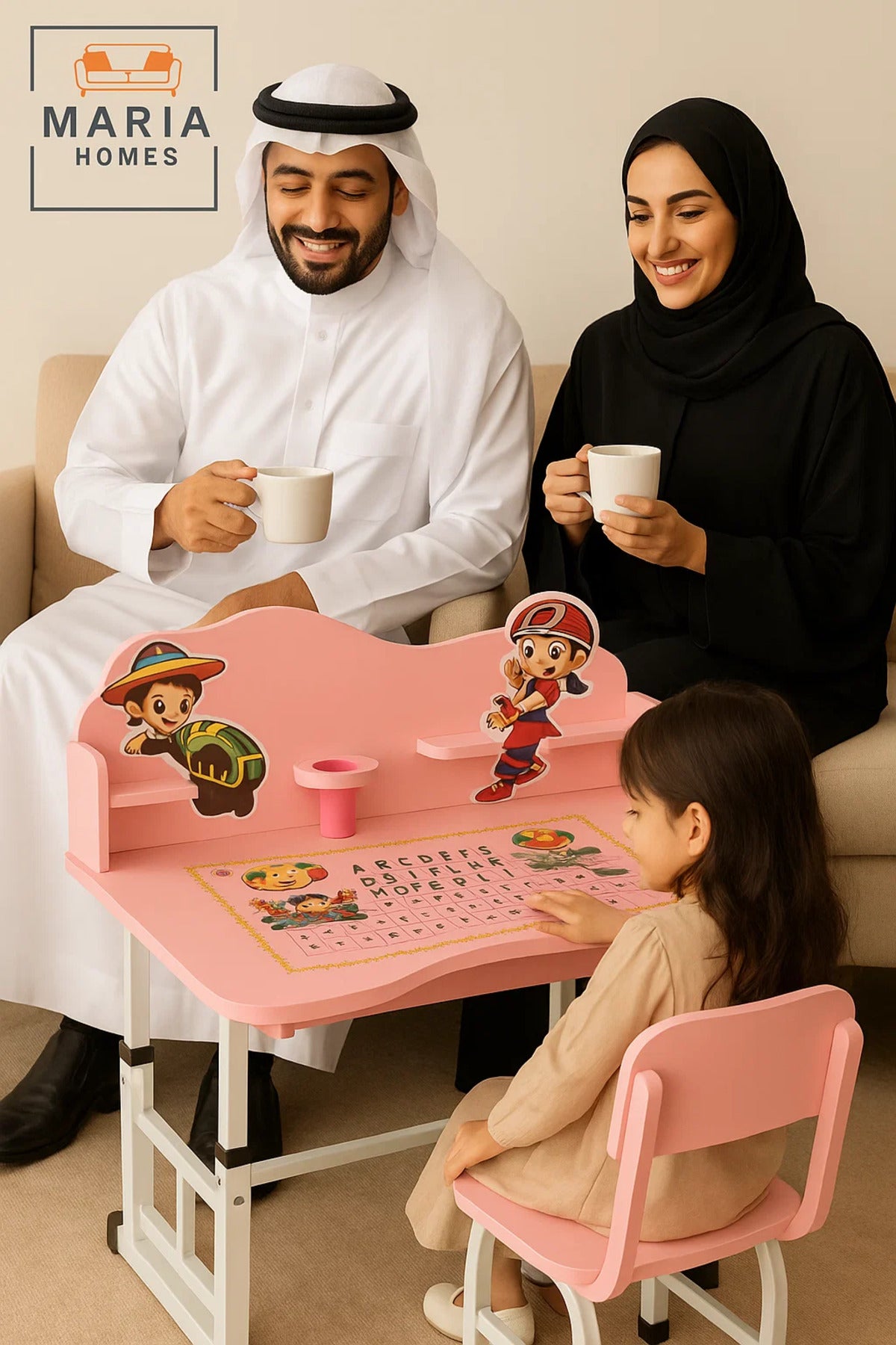 Pink Kids Study Desk and Chair Set with Cartoon Design and Alphabet Tabletop