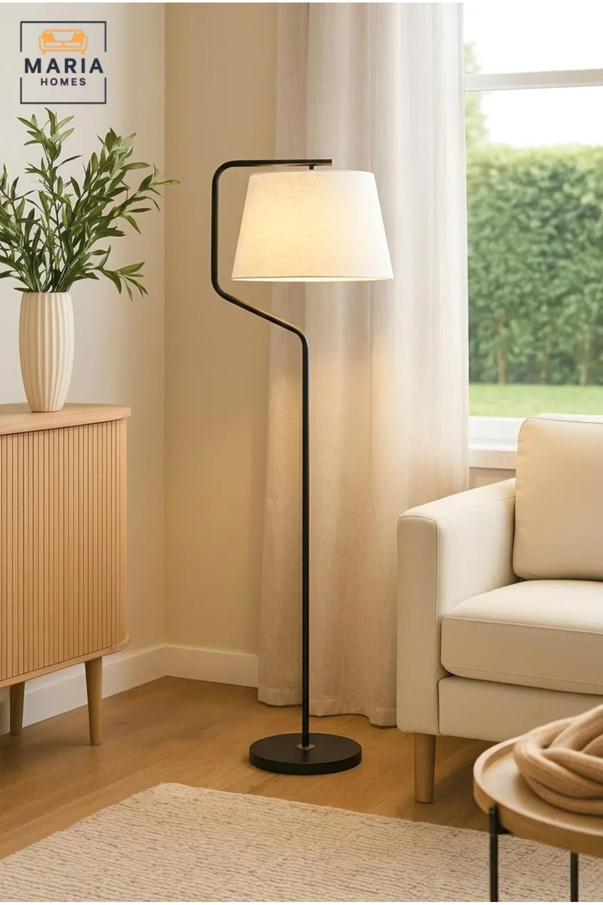 Modern Floor Lamp with Fabric Drum Shade and Curved Frame, Freestanding Standing Light for Living Room, Bedroom, Reading Corner and Home Office