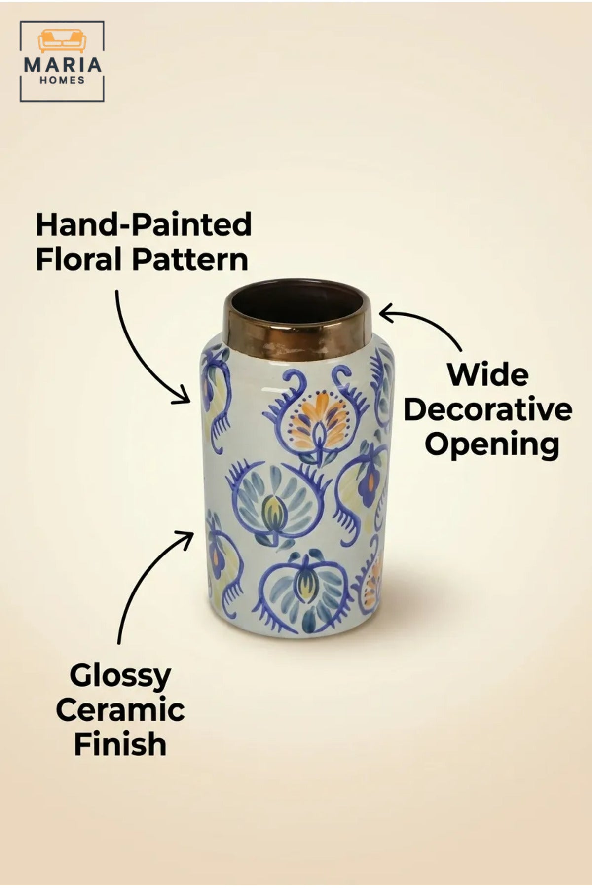 Multicolour Floral Decorative Vase, Modern Cylindrical Ceramic Flower Holder with Metallic Neck for Living Room, Bedroom, Office, Shelf and Table Décor