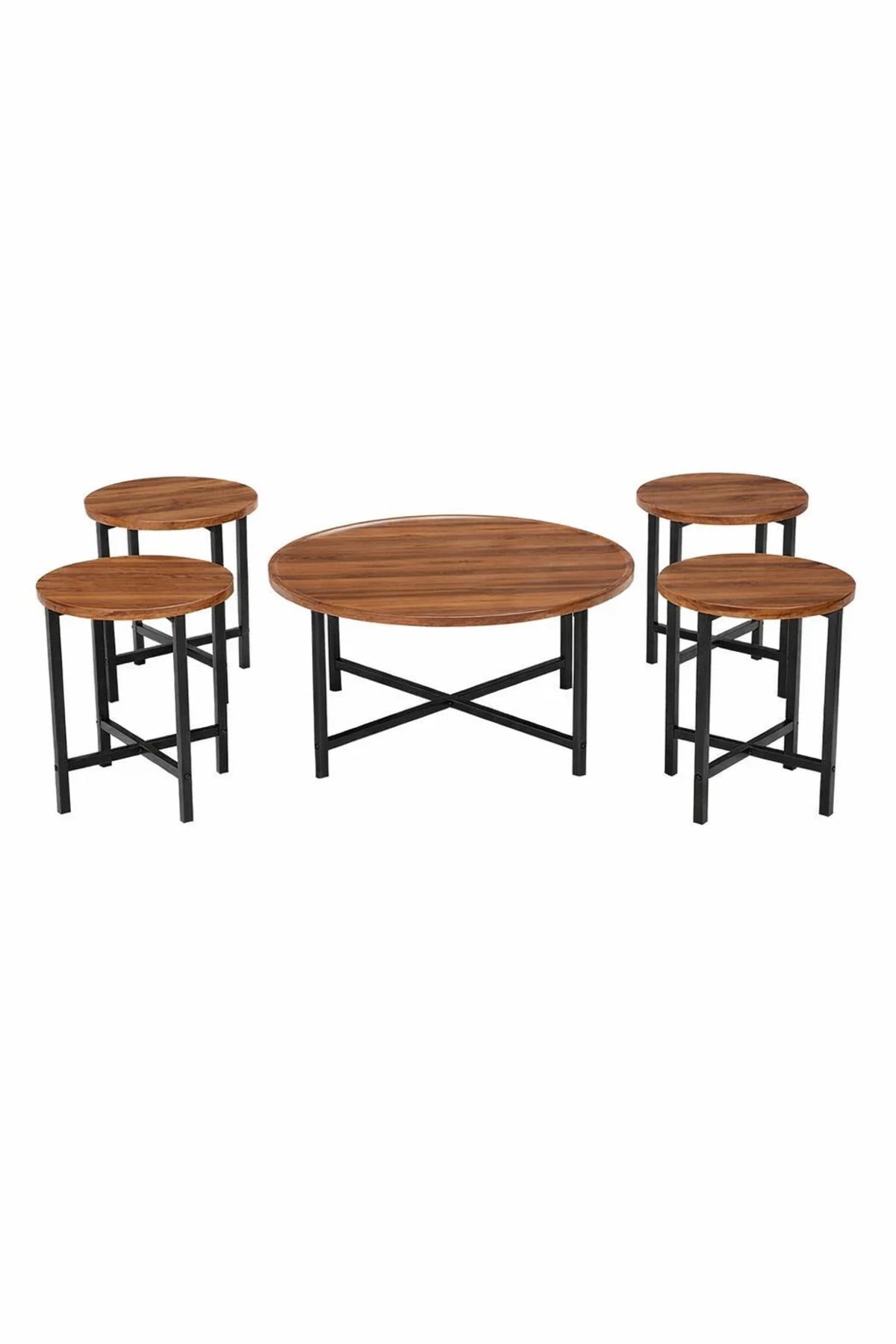 Rustic 5-Piece Round Nesting Coffee Table Set Industrial Wood Top Metal Legs Living Room Home