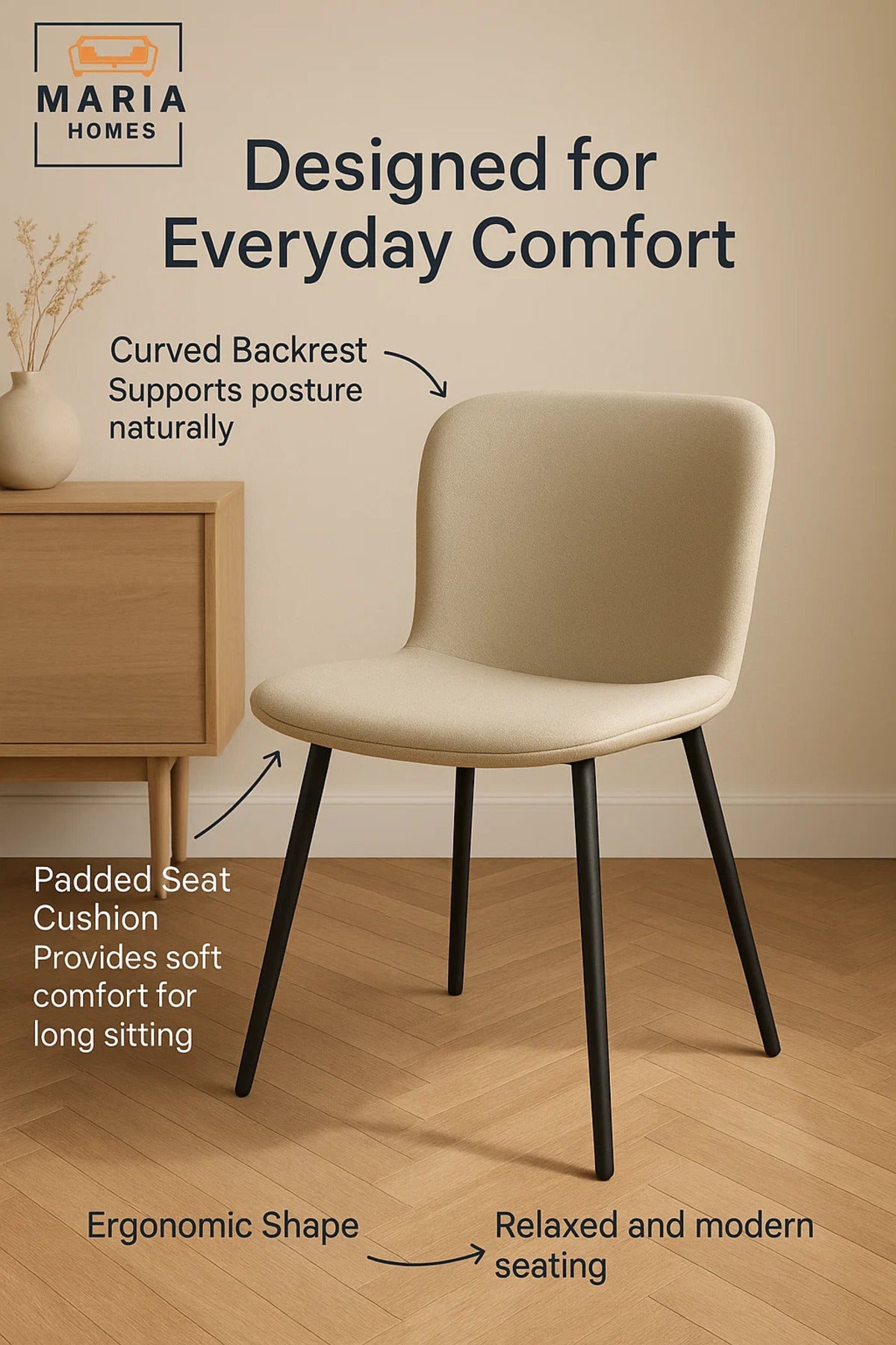 Cream Upholstered Dining Chair with Metal Legs