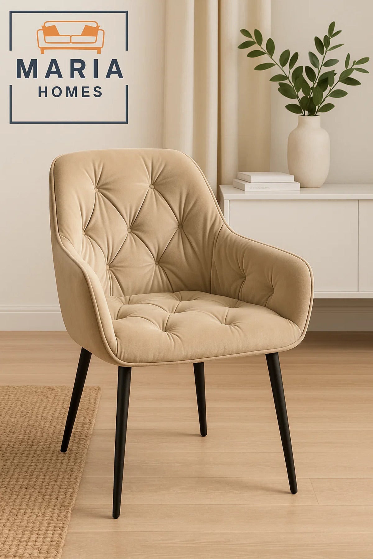 Beige Velvet Tufted Armchair Ð Upholstered Lounge Chair with Black Legs for Home, Office, or Lounge