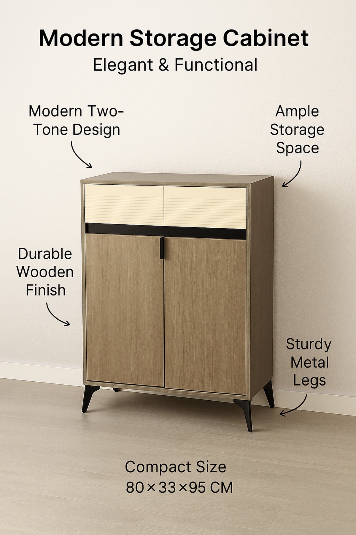 Modern Grey Storage Cabinet with Cream Drawers Ð 2-Door Wooden Sideboard 80_33_95 cm