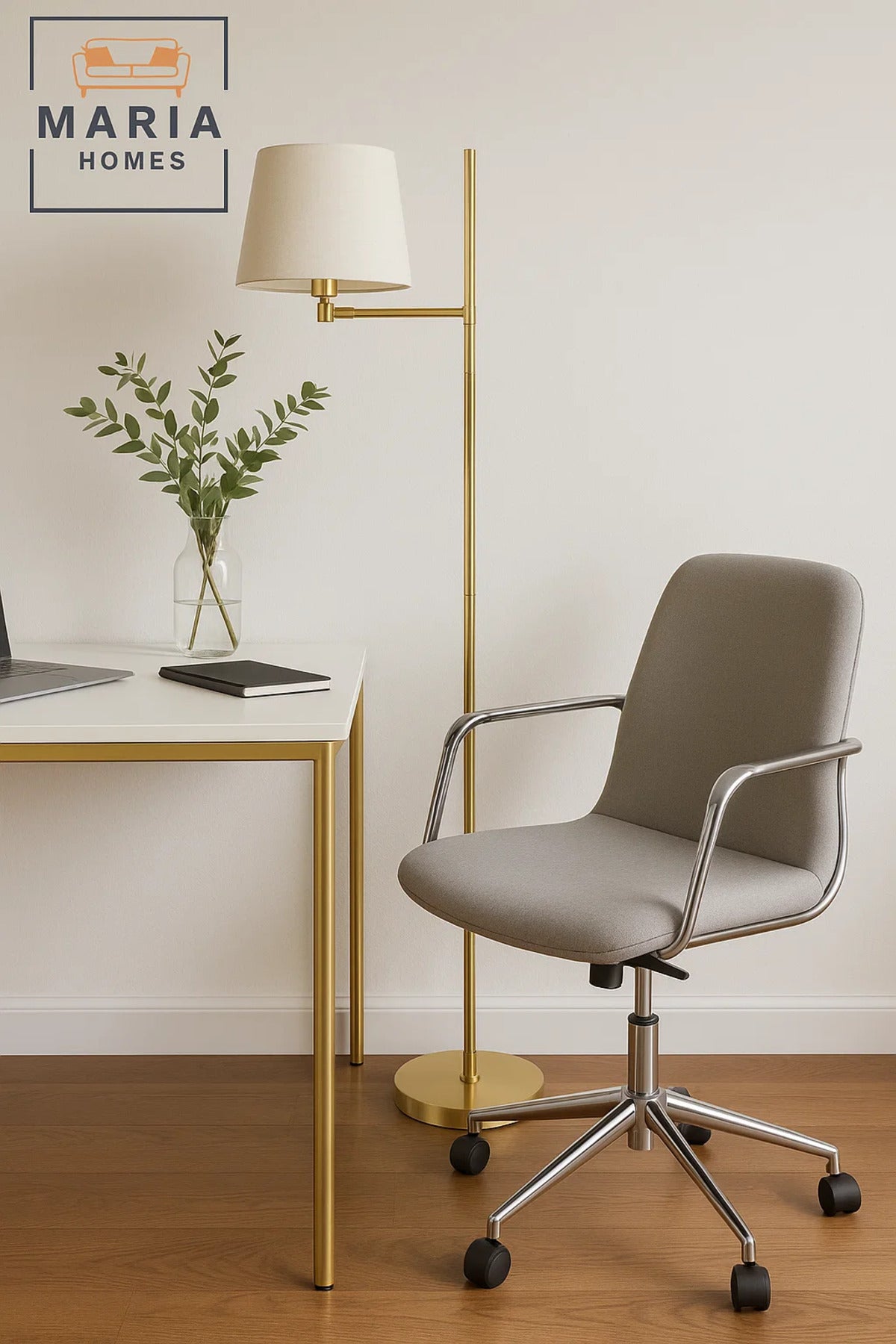 Gold Floor Lamp with White Shade and Glossy Base