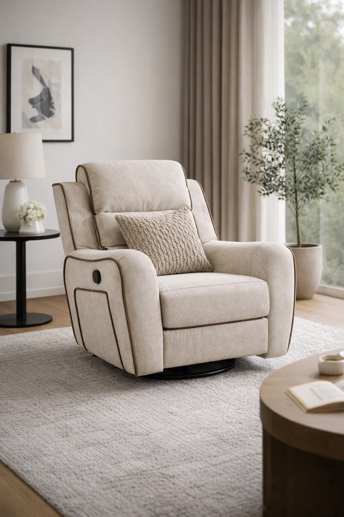 Elegant Beige Swivel Rocking Armchair with Contrast Trim for Modern Living Room Comfort and Style
