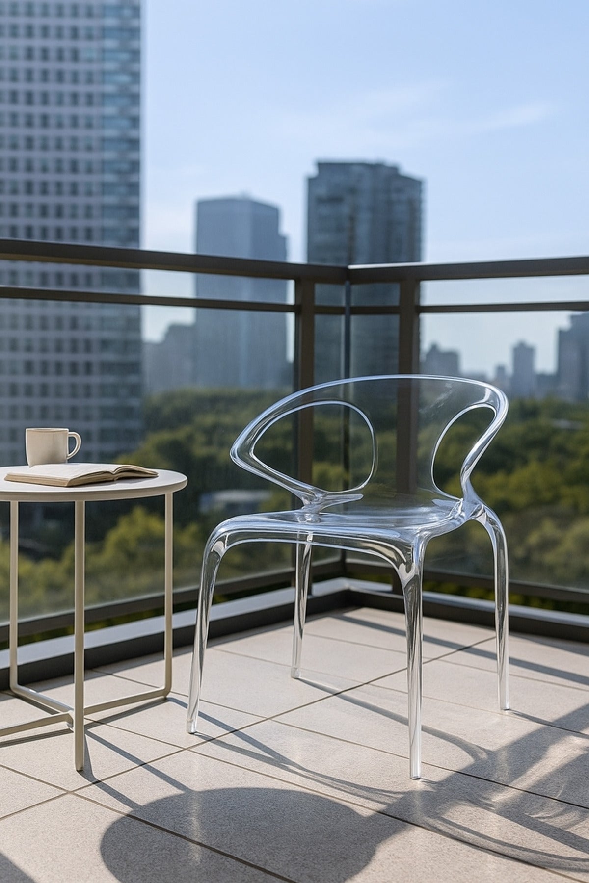 Clear chair on a balcony with cityscape in the background