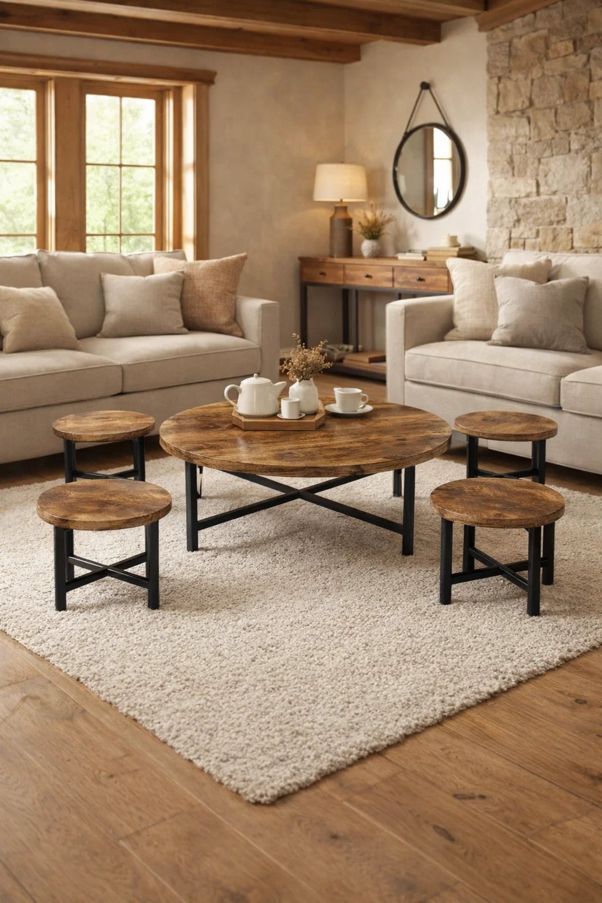 Rustic 5-Piece Coffee Table Set with Wooden Top and Black Metal Frame Modern Design for Living Room