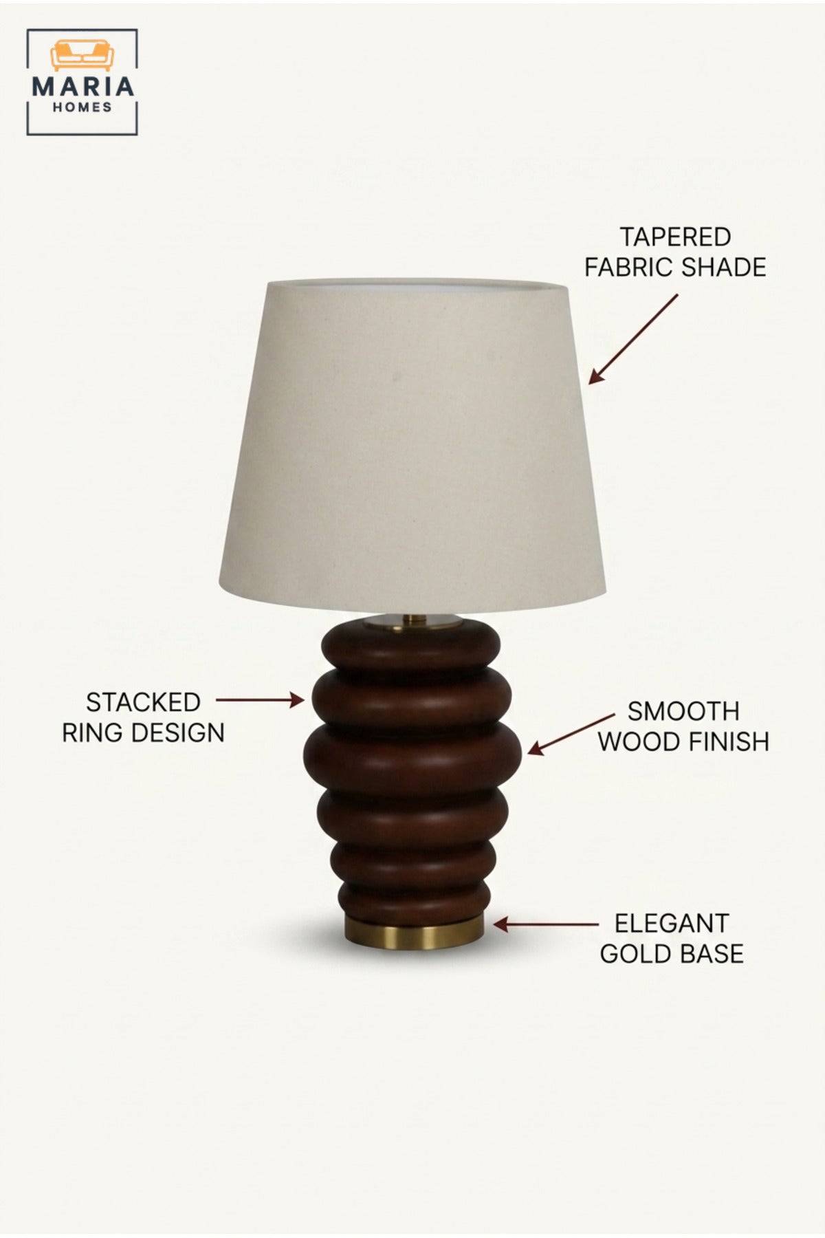 Modern Sculptural Wooden Table Lamp with Fabric Shade and Gold Base Decorative Bedside Light for Bedroom Living Room Office Hotel and Home Décor