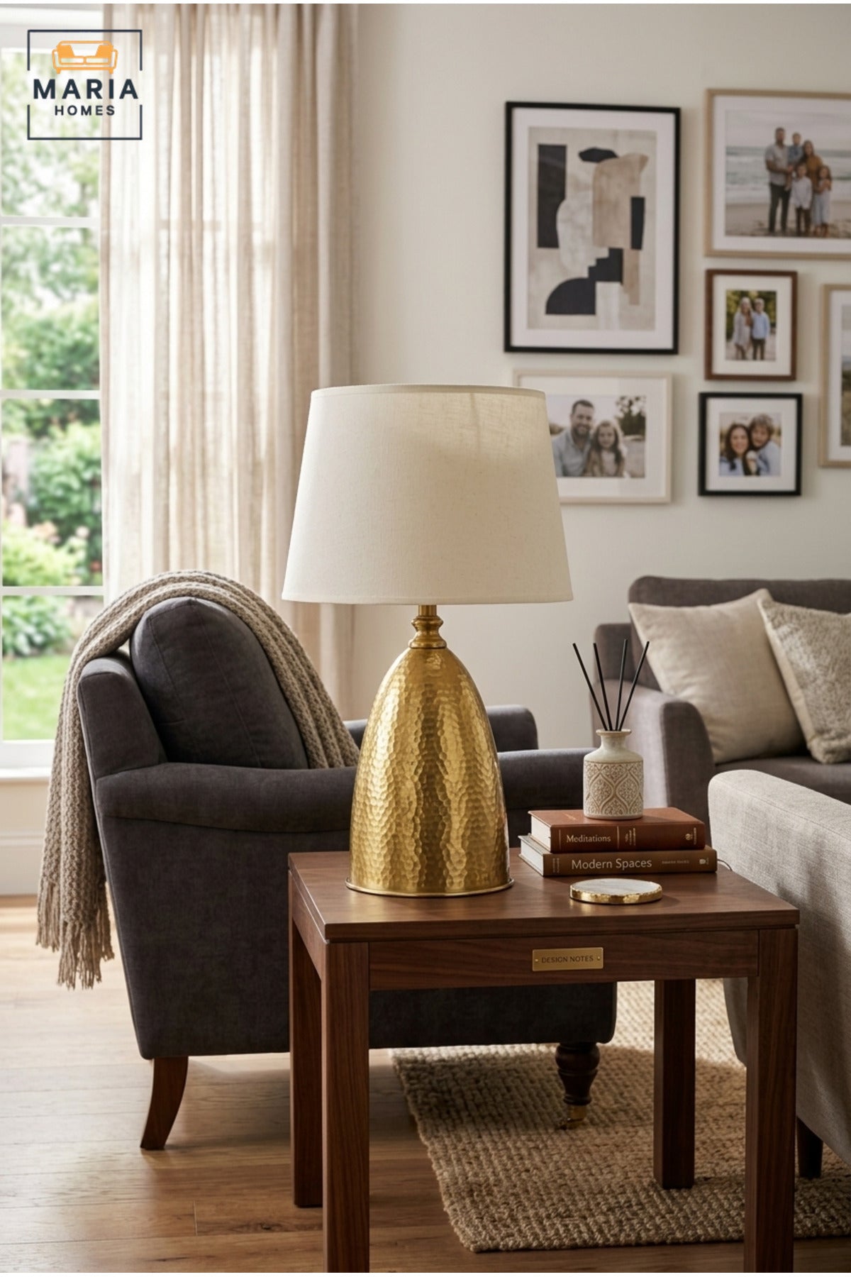 Luxury Hammered Gold Table Lamp with White Fabric Shade and Sculptural Dome Base for Bedroom, Living Room, Office, Hotel and Bedside Décor