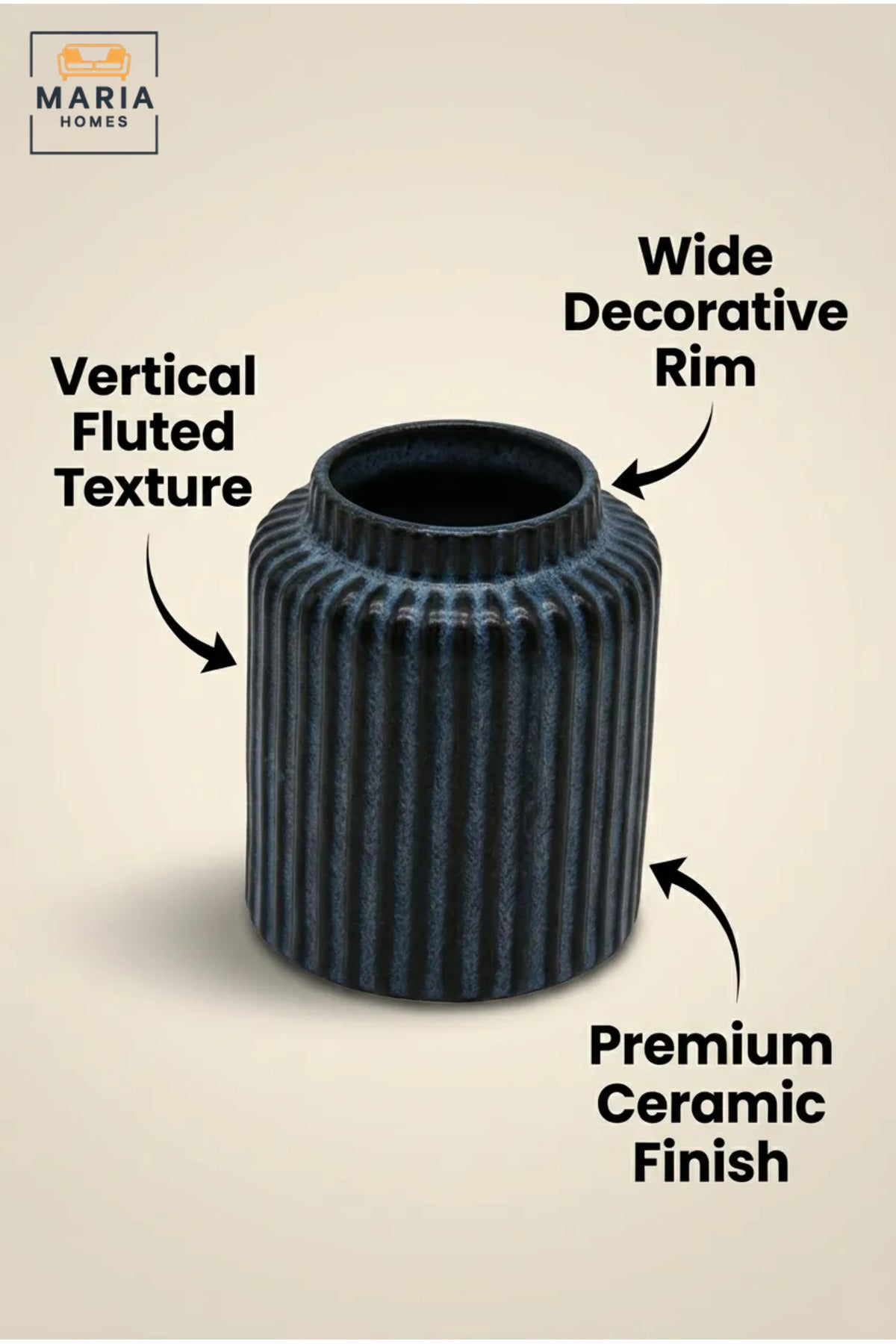 Blue Ribbed Decorative Vase, Modern Cylindrical Flower Holder with Wide Opening for Dried Flowers, Living Room, Bedroom, Office, Shelf and Table Décor