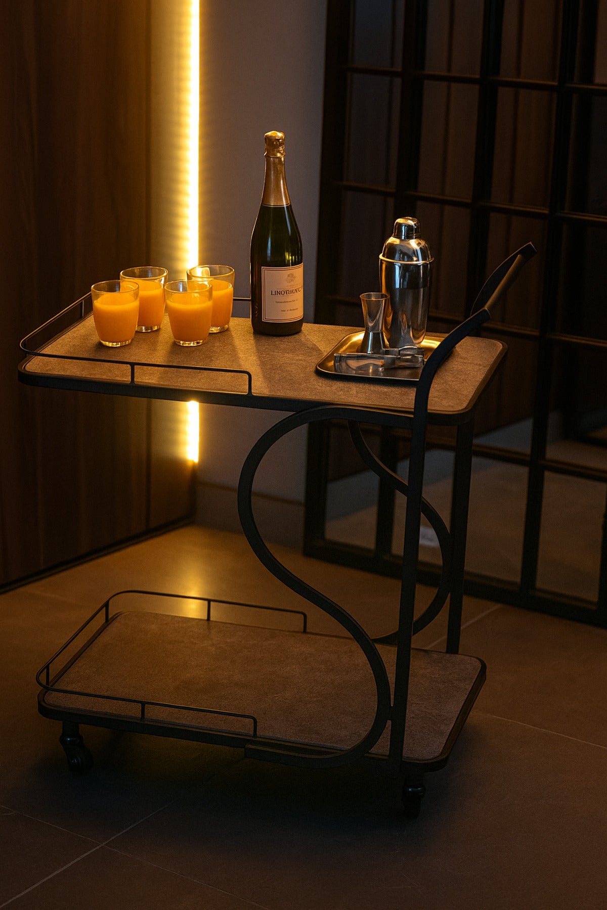 Modern Serving Trolley with Stone-Effect Shelves & Black Metal Frame Ð 2-Tier Rolling Bar Cart