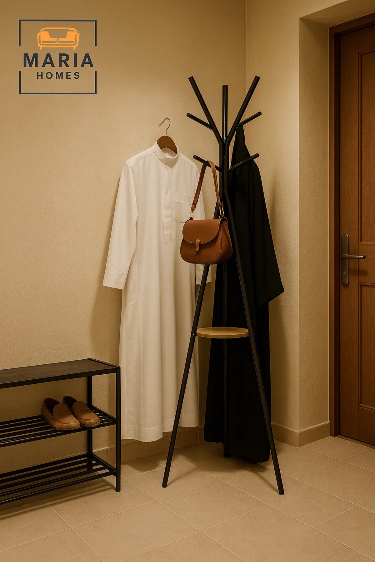 Black Tripod Coat Rack with Wooden Shelf