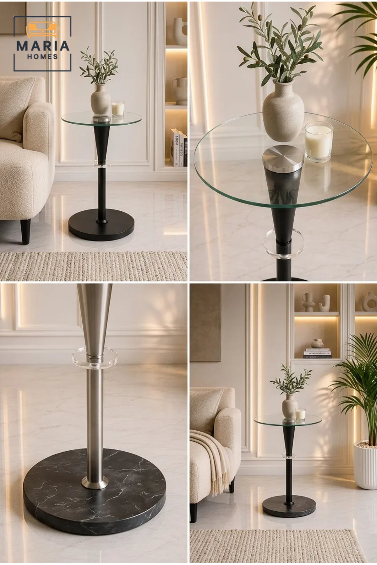 Modern Round Glass Side Table with Black Pedestal Base