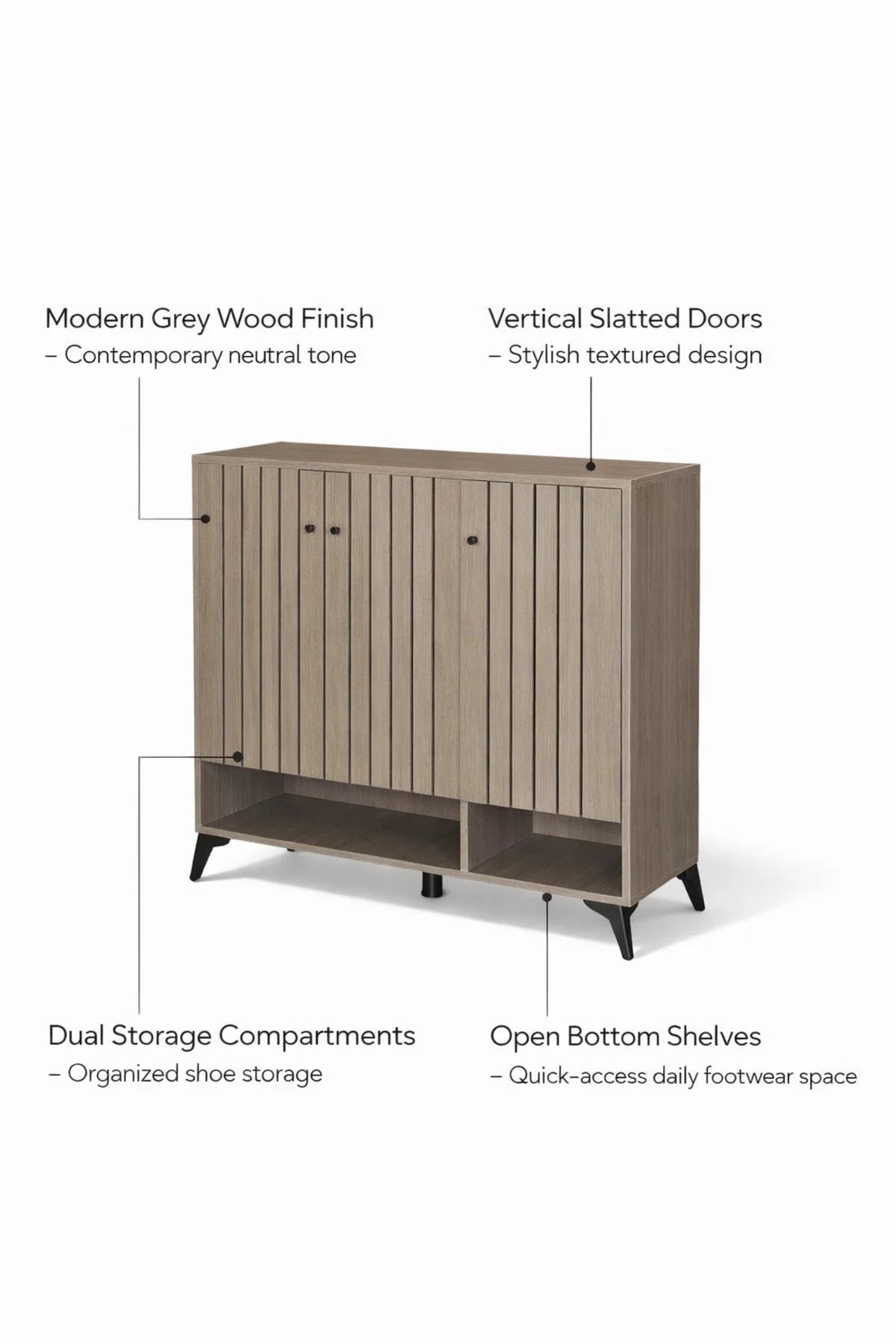 Modern Grey Slatted Shoe Cabinet with Three Doors and Open Bottom Shelf for Hallway Storage 100cm