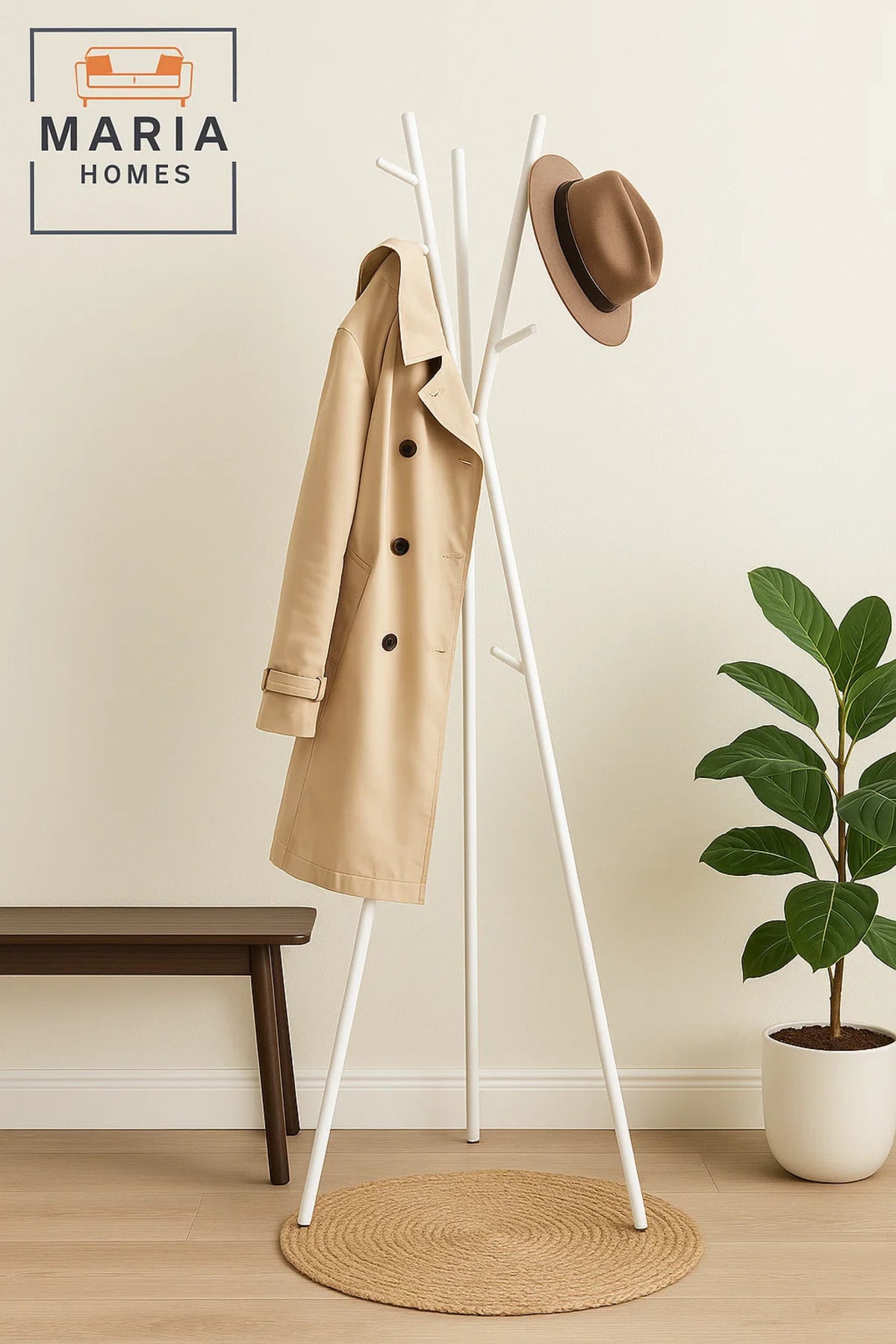 Tripod-Style White Metal Coat Rack