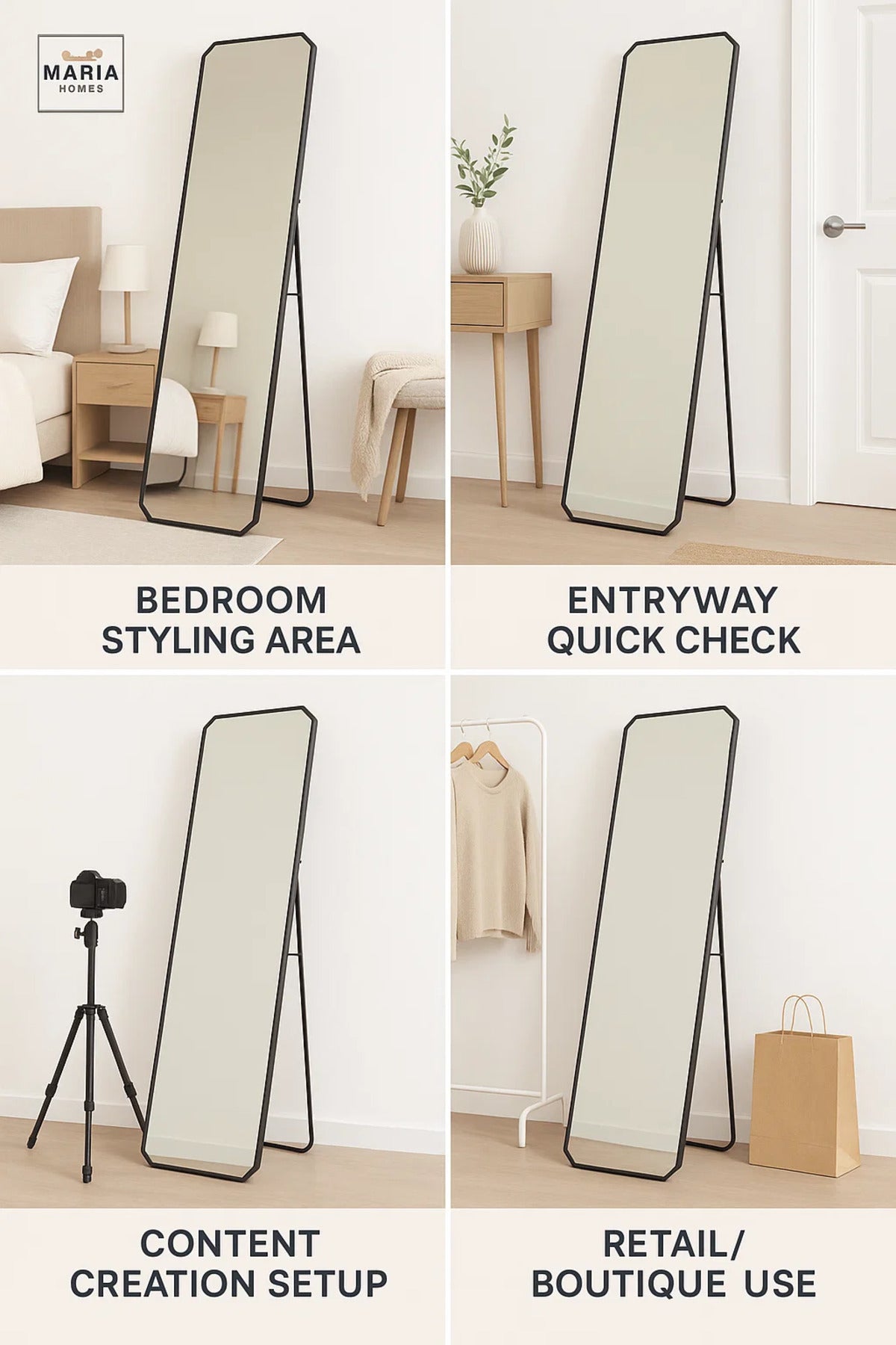 Black Full-Length Dressing Mirror with Angled Corners Ð 160x40cm Standing Floor Mirror for Bedroom