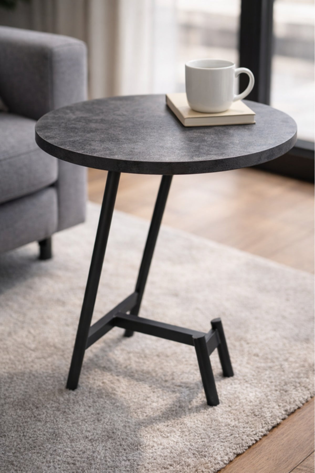 Modern D.Grey Side Table with Sleek Metal Base, 45x45x60 CM modern grey side