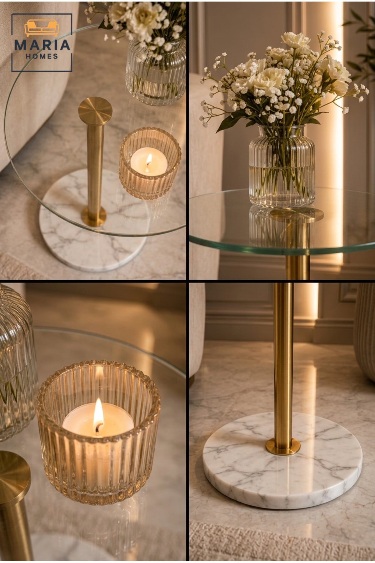 Luxury Glass Side Table Gold Metal Frame Marble Base Round End Table for Living Room