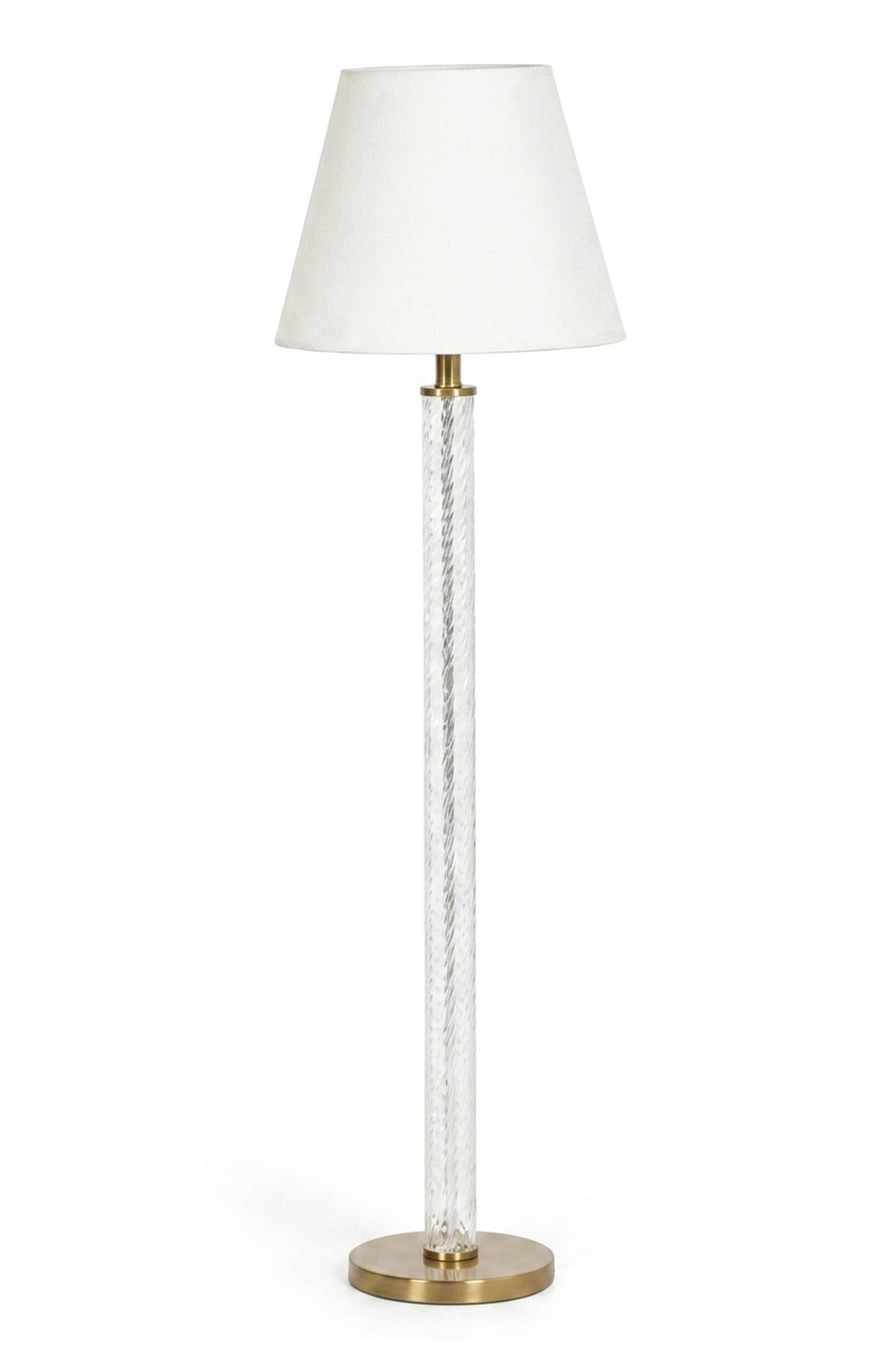 Modern Clear Glass Floor Lamp with Textured Column, Gold Accents, Fabric Shade and Round Base Elegant Standing Light for Living Room Bedroom and Office
