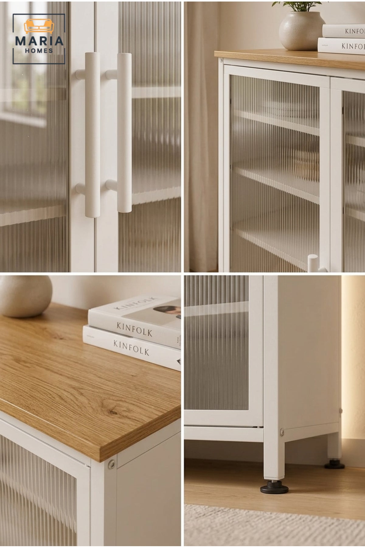 Modern Metal Storage Cabinet with Fluted Glass Doors √ê 3 Door Display Cabinet for Home & Office