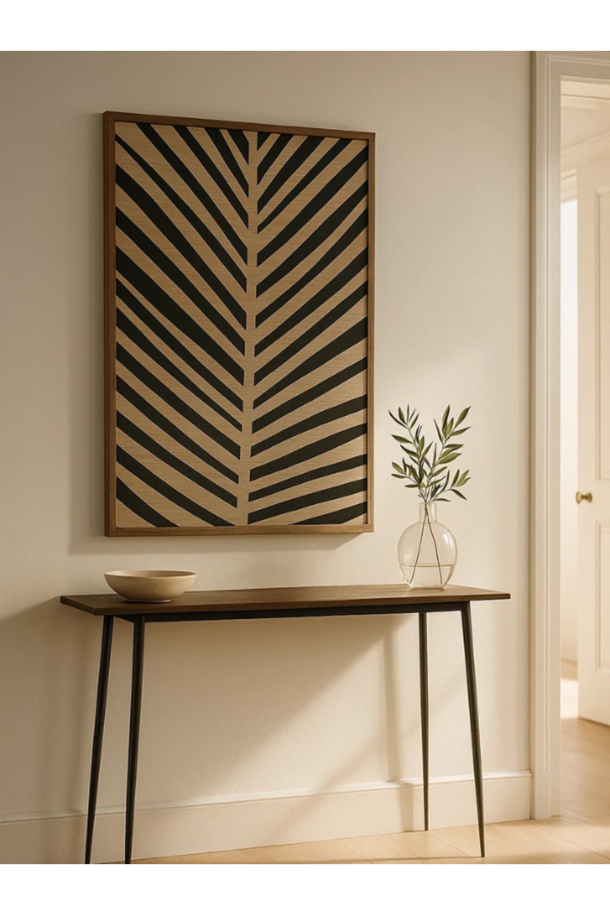 3D Black & Veneer Palm Leaf Wall Art with Wooden Frame Ð 120_80 cm