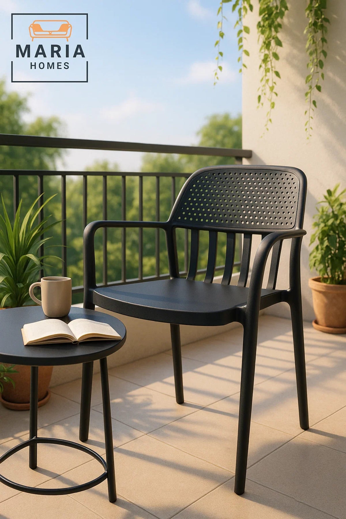 Black Plastic Armchair with Slatted Back Ð Modern Stackable Outdoor & Indoor Chair with Armrests