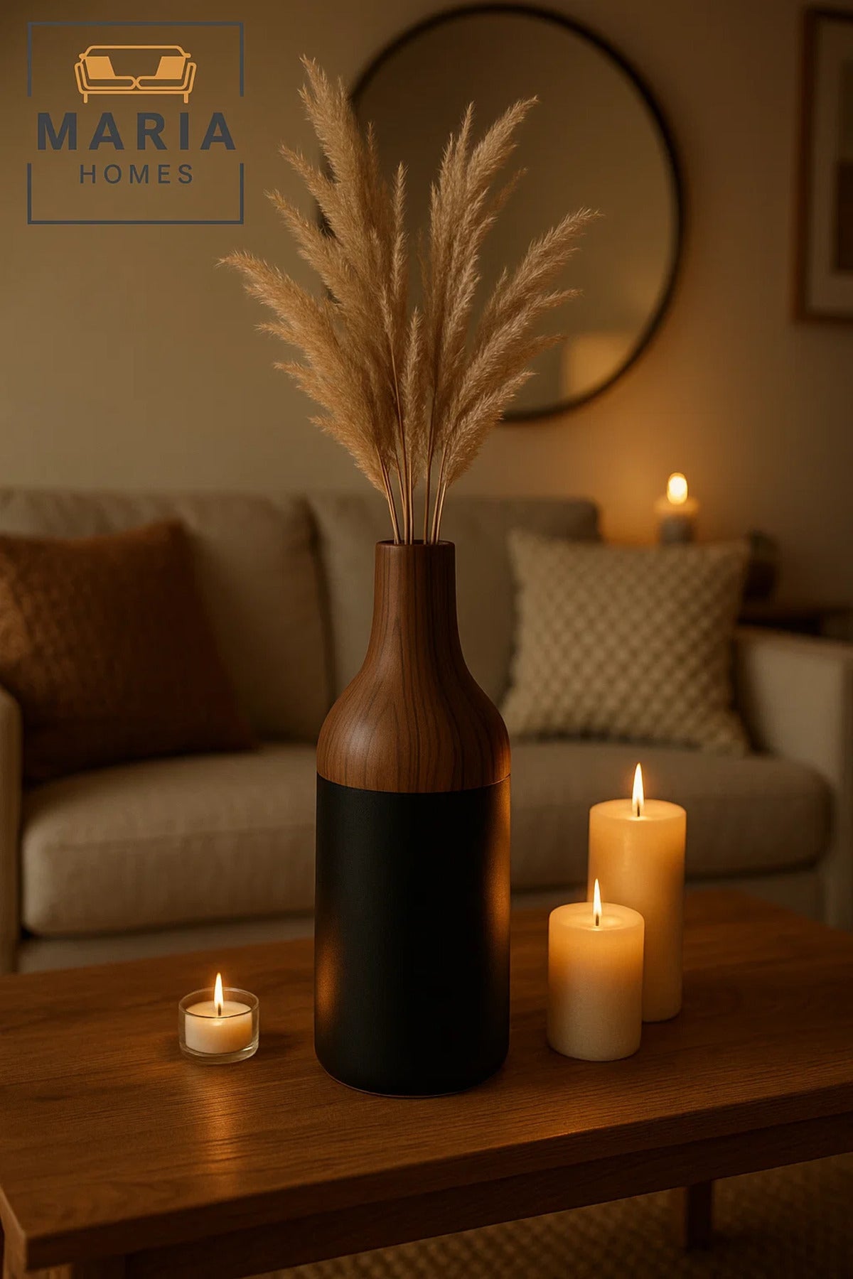 Black and Wood Finish Ceramic Vase Ð Modern Decorative Bottle-Shape Flower Pot