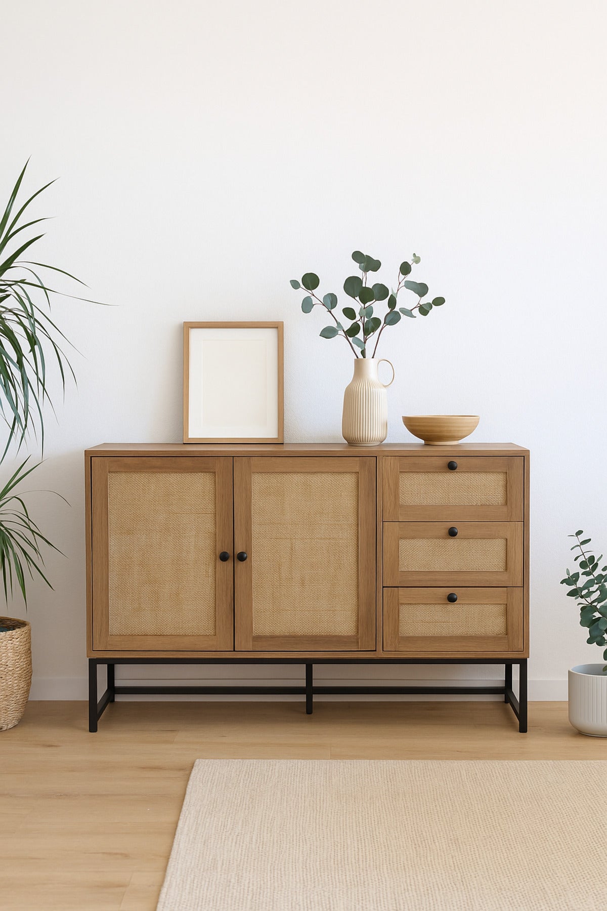 Walnut Rattan Console Table 120_40_85 cm Ð Modern Wooden Storage Cabinet with 2 Doors and 3 Drawers