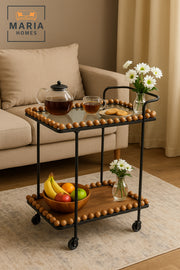Serving Trolley with Wheels Ð Tea & Coffee Cart with Wooden Ball Edges (70_40_84 cm)