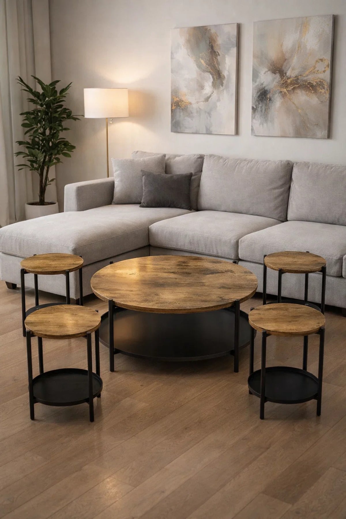 Industrial Style 5-Piece Round Center Table Set with Metal Frame for Modern Living Room Area