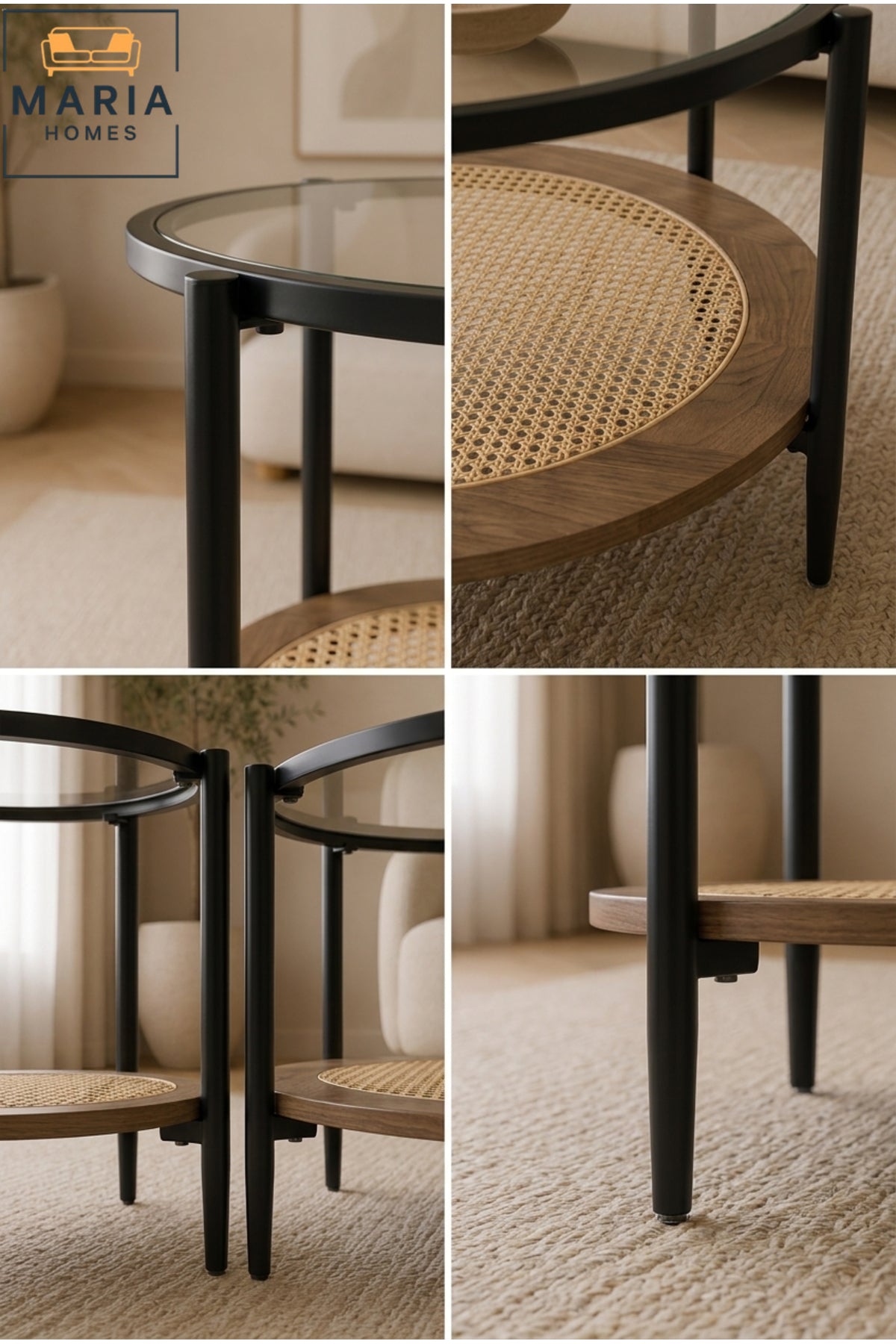 5-Piece Round Glass Coffee Table Set with Rattan Shelf √ê Modern Nesting Living Room Table Set, Black Metal Frame & Walnut Finish