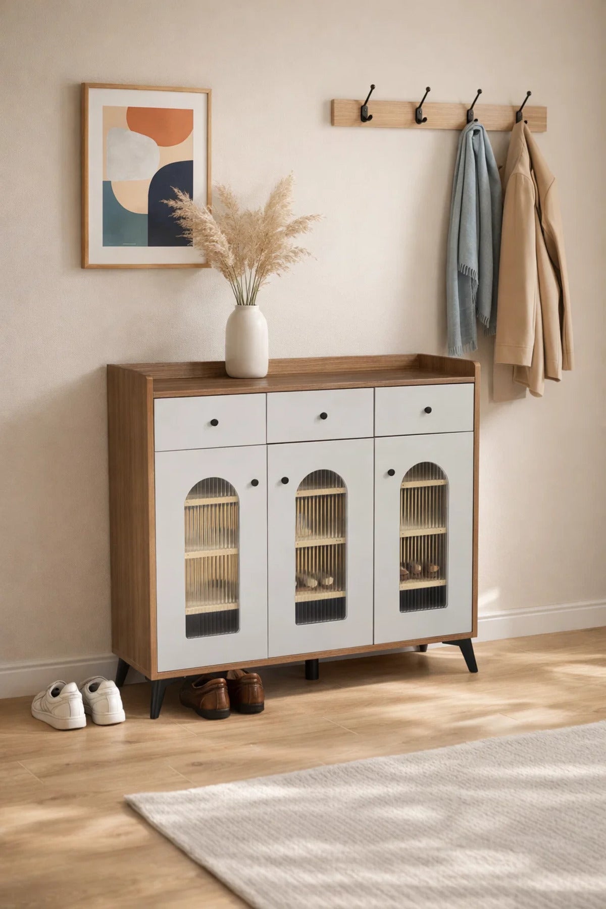 Elegant Shoe Storage Cabinet with Arched Glass Doors and Drawers, Modern Wood Console for Hallway
