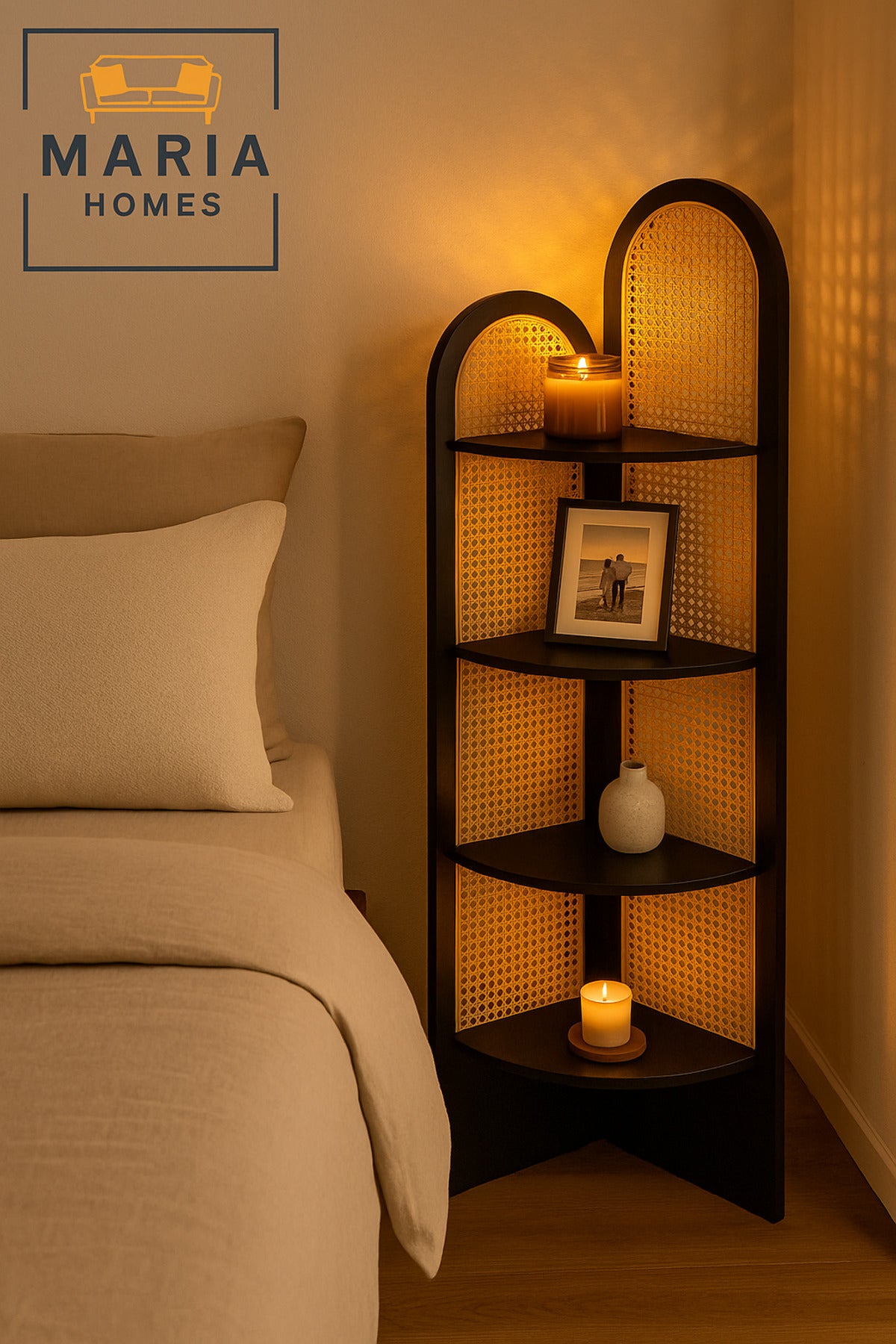 Black Rattan Corner Shelf Ð 180_40_40 cm Modern Space-Saving Display Rack