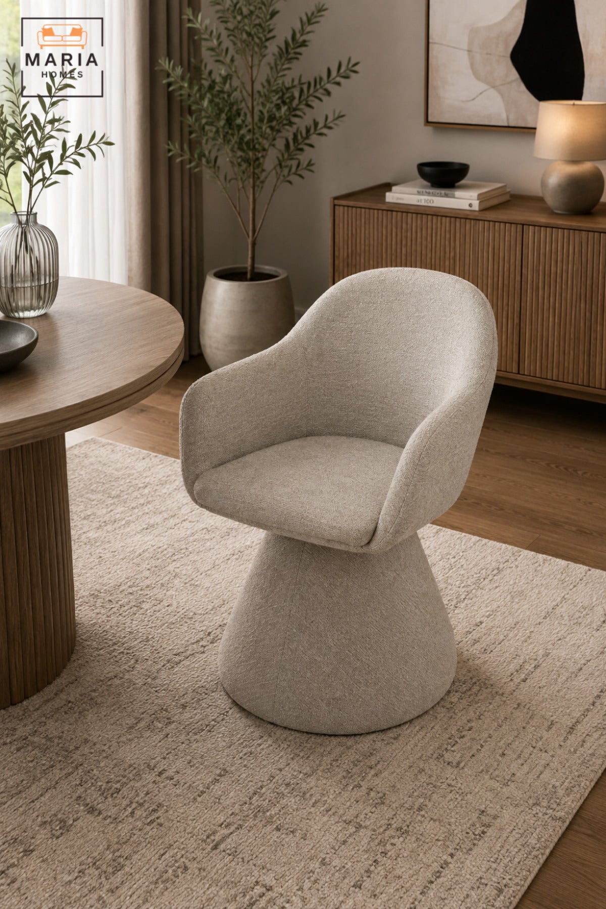 Modern 360° Swivel Dining Chair with Curved Backrest, Integrated Armrests & Pedestal Base | Contemporary Upholstered Chair for Dining Room & Kitchen