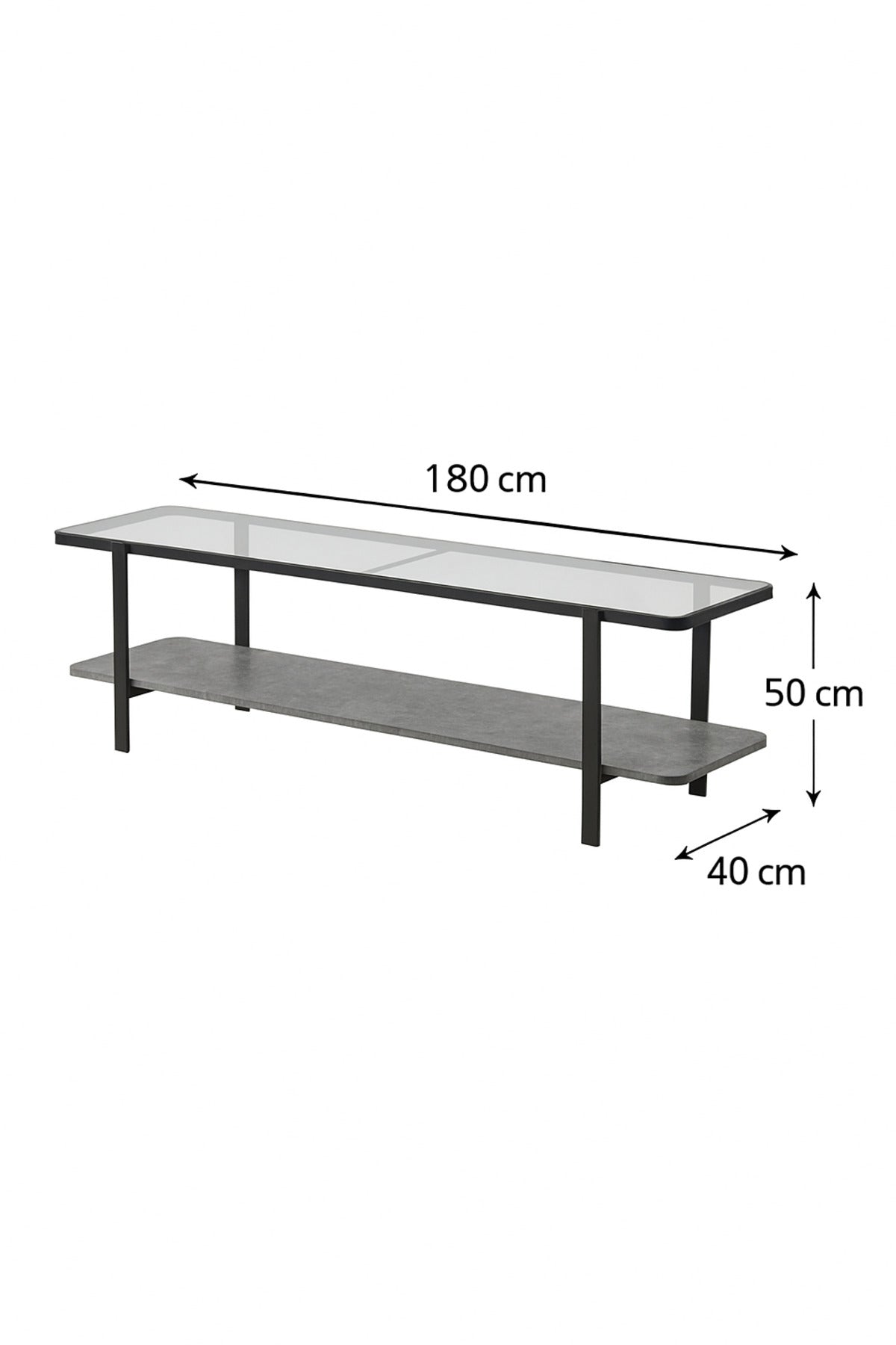 Modern Glass Top Console Table with Grey Stone Shelf & Black Metal Frame Ð 180_40_50 cm