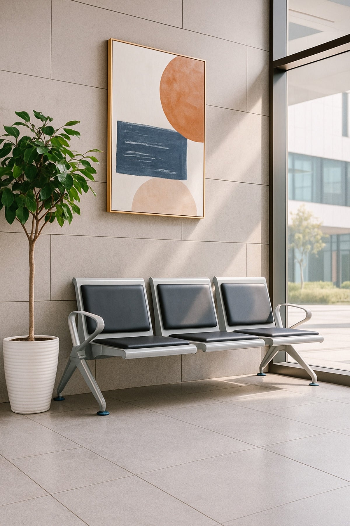 Silver 3-Seater Waiting Chair 175_68_78cmMetal Frame Bench with Cushions for Hospital & Reception