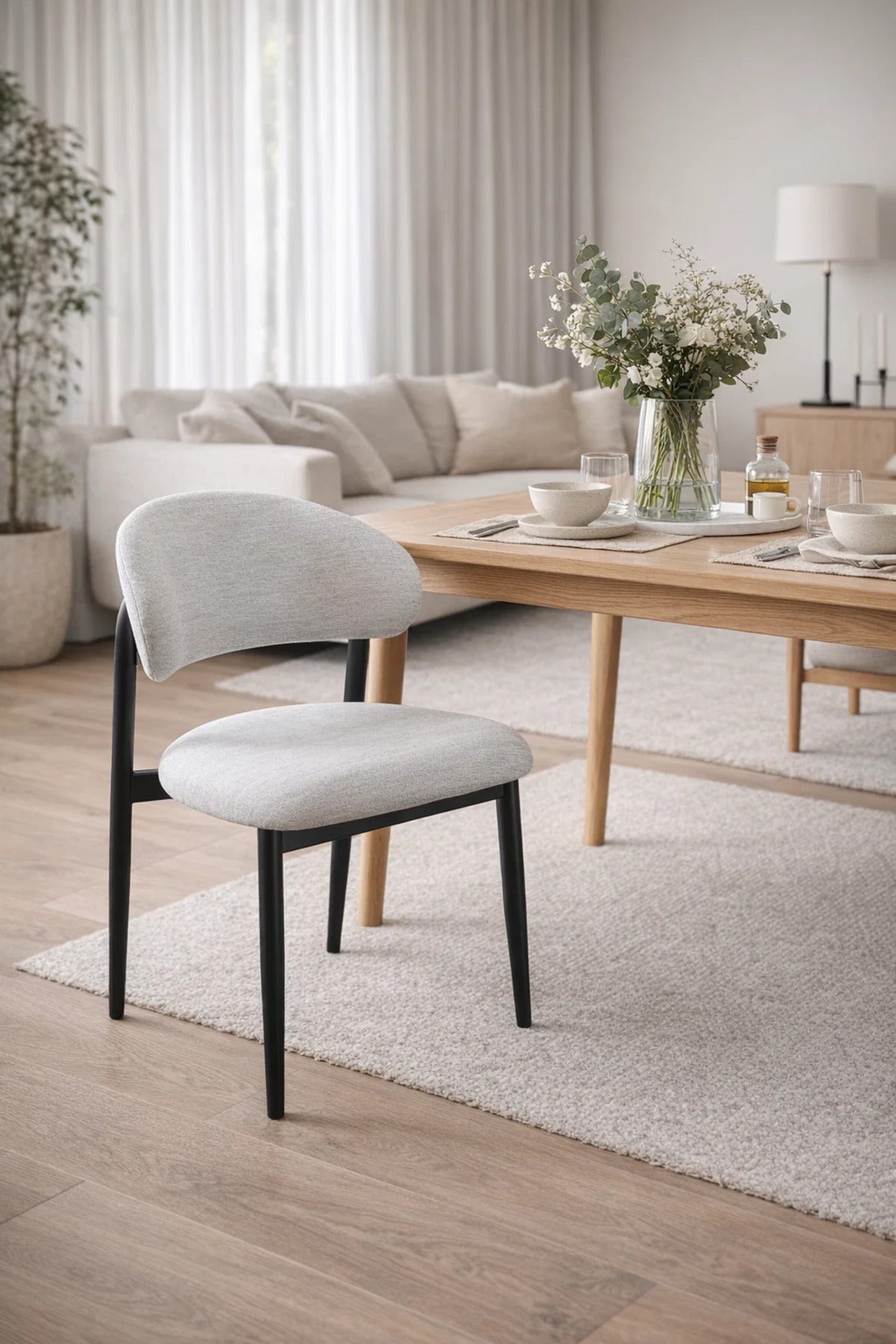 Light Grey Upholstered Chair with Black Metal Legs, 84x49x48 CM light grey upholstered