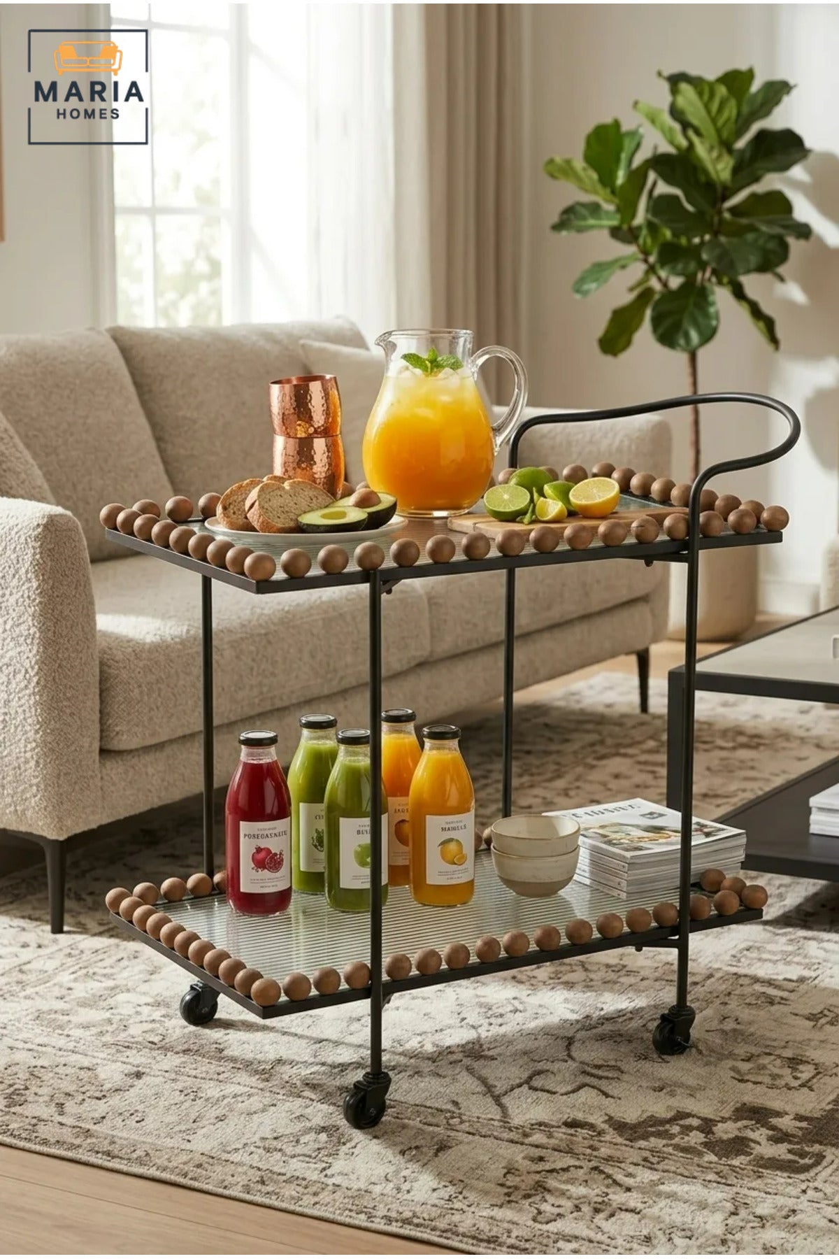 Modern 2-Tier Glass Serving Trolley – Brown & Black Rolling Bar Cart with Metal Frame and Bead Accents