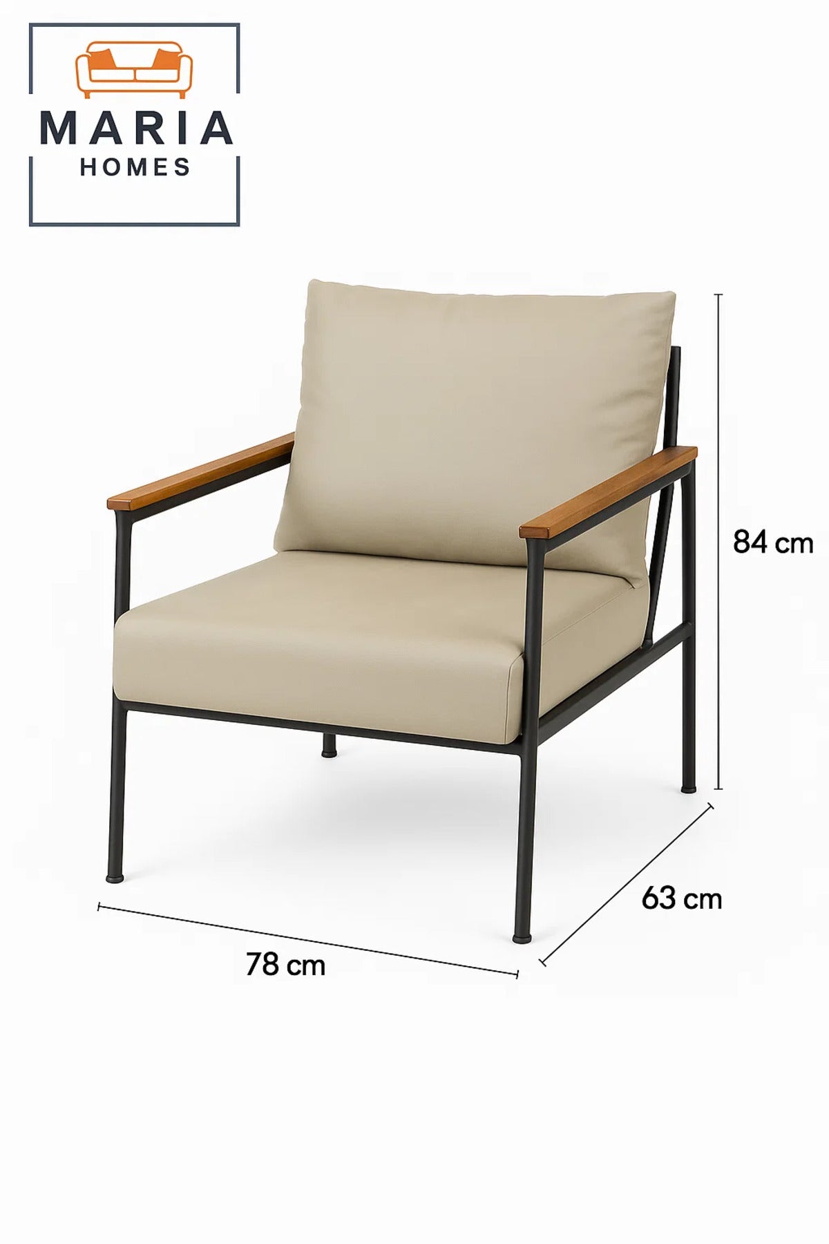 Beige Faux Leather Armchair Ð Modern Lounge Chair with Black Metal Frame and Wooden Armrests