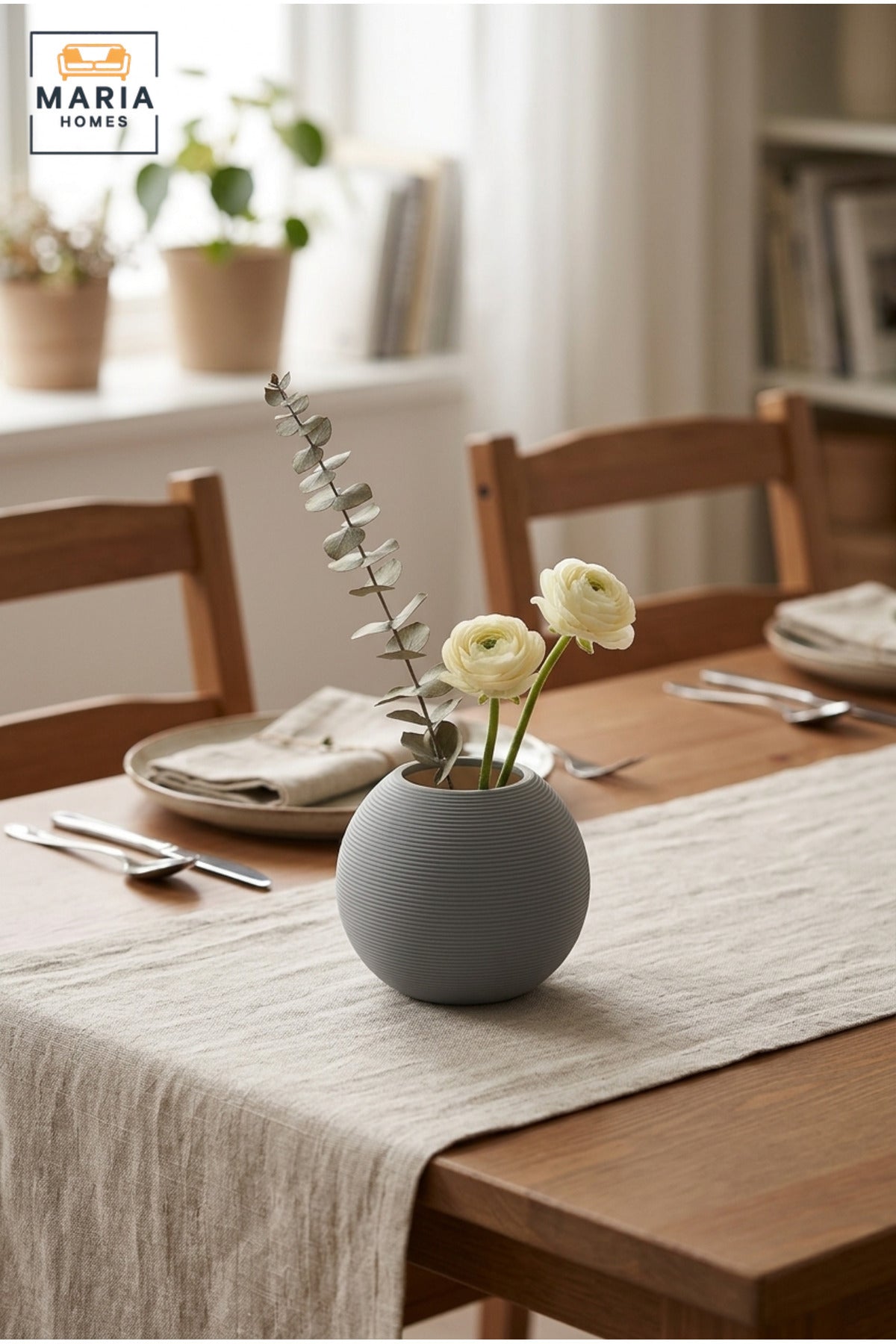 Modern Decorative Flower Vase with Round Shape, Wide Opening and Fine Ribbed Texture for Living Room, Bedroom, Office, Shelf and Console Table Décor