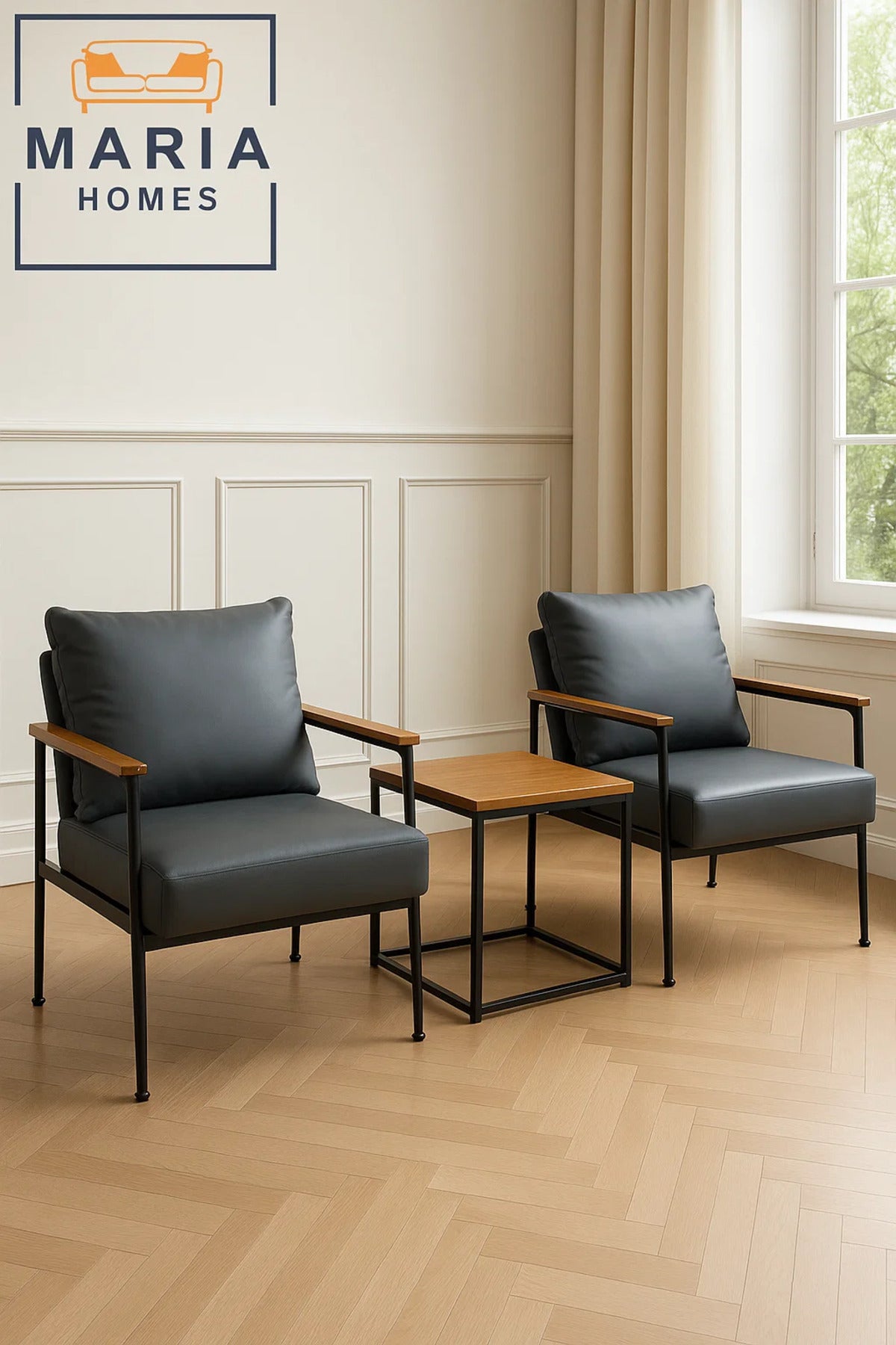 Dark Grey Faux Leather Armchair Ð Modern Accent Chair with Wood Armrests and Black Steel Frame