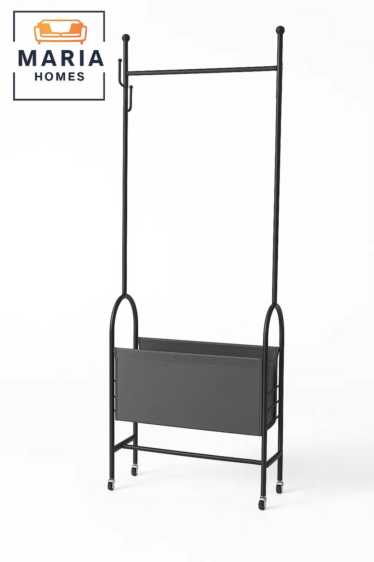 Industrial Black Rolling Garment Stand with Storage Bin