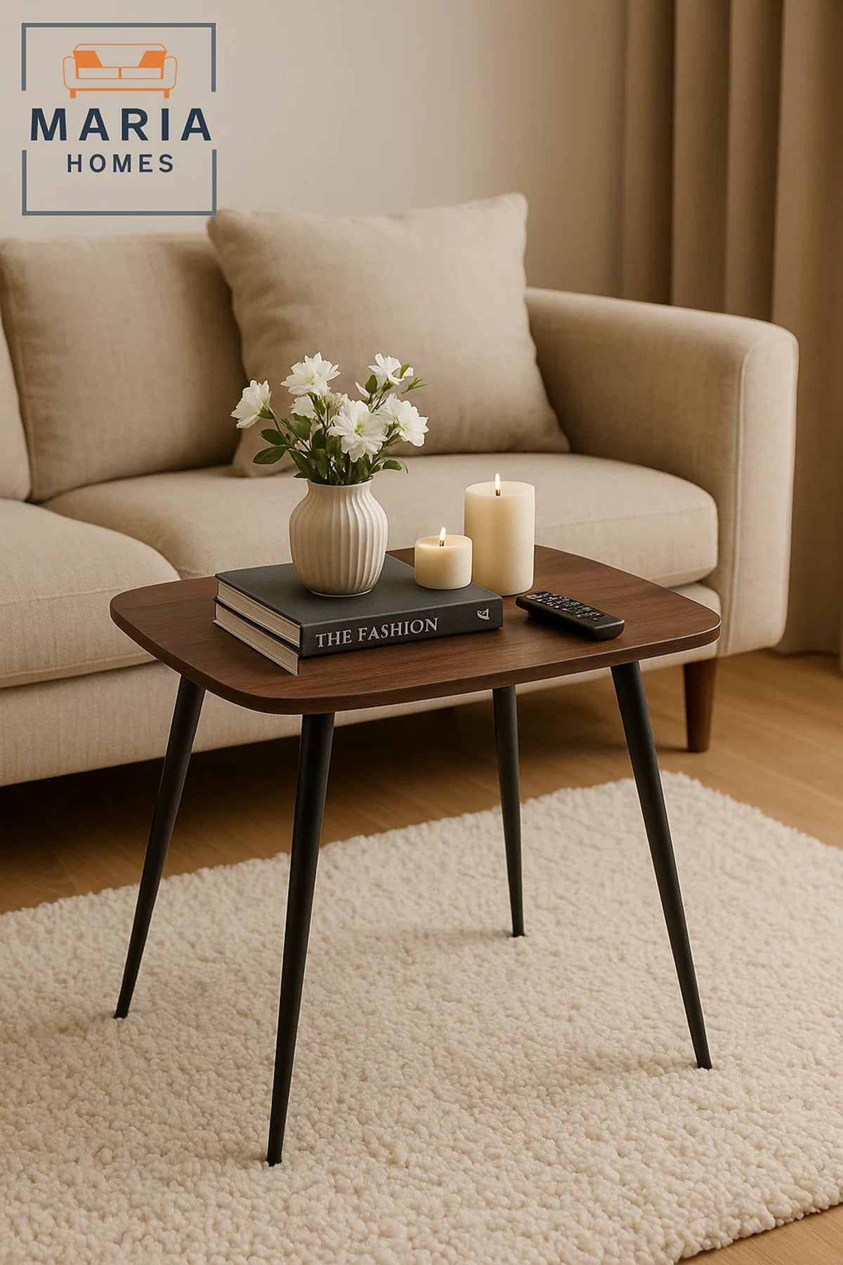 Dark Brown Square Side Table with Tapered Black Legs